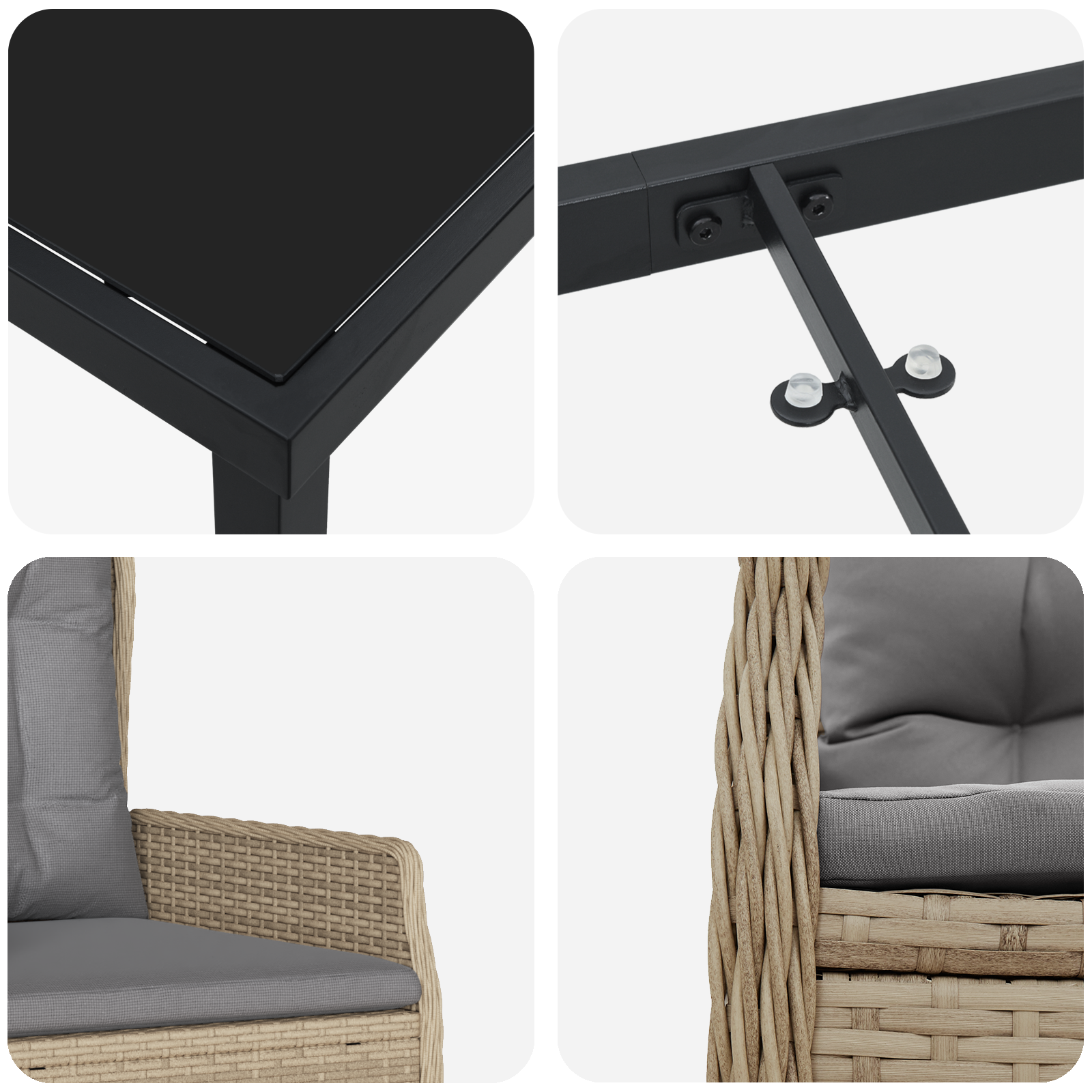 Set de cină pentru grădină  de 3 piese din poliratan bej, Masă de grădină  neagră 80x80x73 cm din sticlă securizată GartenMobel Dekor