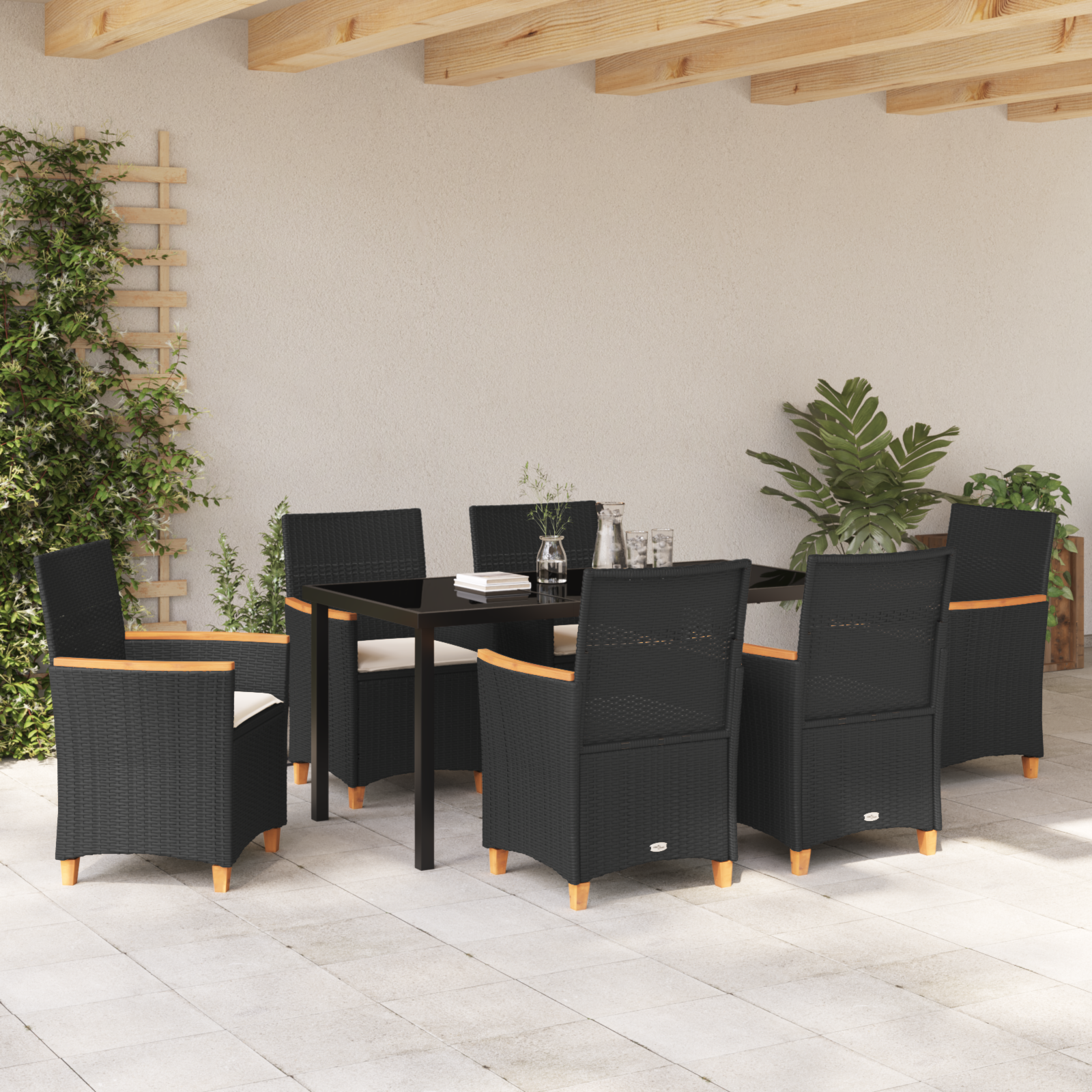 Set de Dining de Grădină 7 Piese cu Perne Rattan Poli Negru GartenMobel Dekor