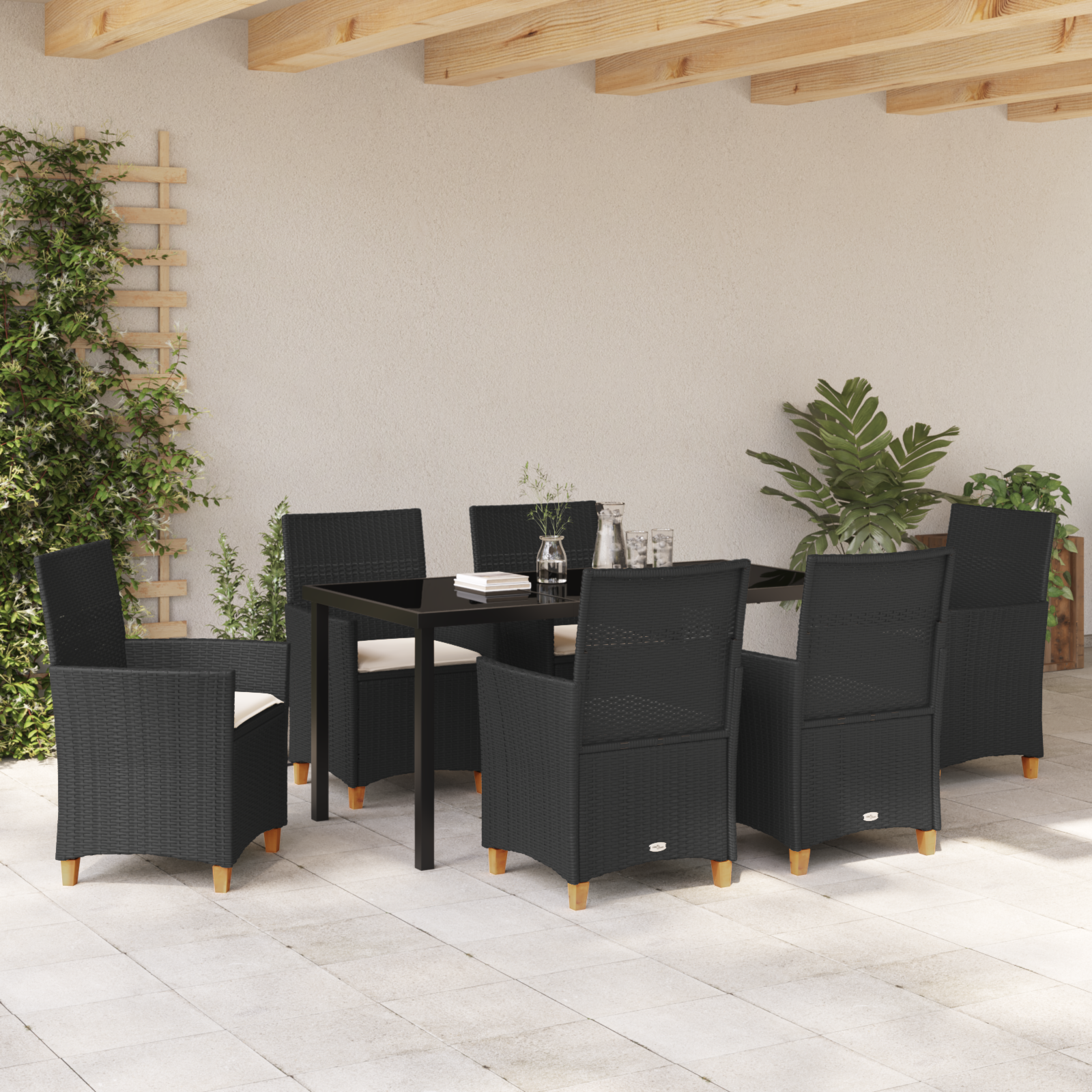 Set de dining de grădină de 7 piese cu perne Negru Rattan Poliester GartenMobel Dekor