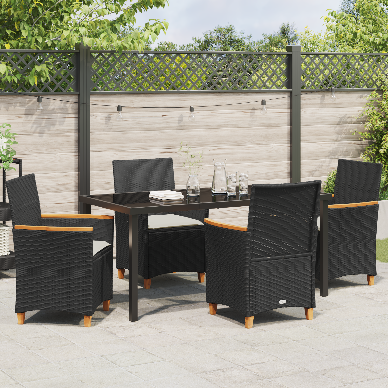Set de dining pentru grădină cu 5 piese cu perne Negru Rattan PE GartenMobel Dekor