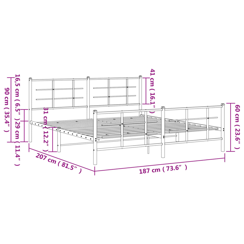 Cadru pat fără saltea, tăblie de picioare negru 180x200cm metal GartenMobel Dekor