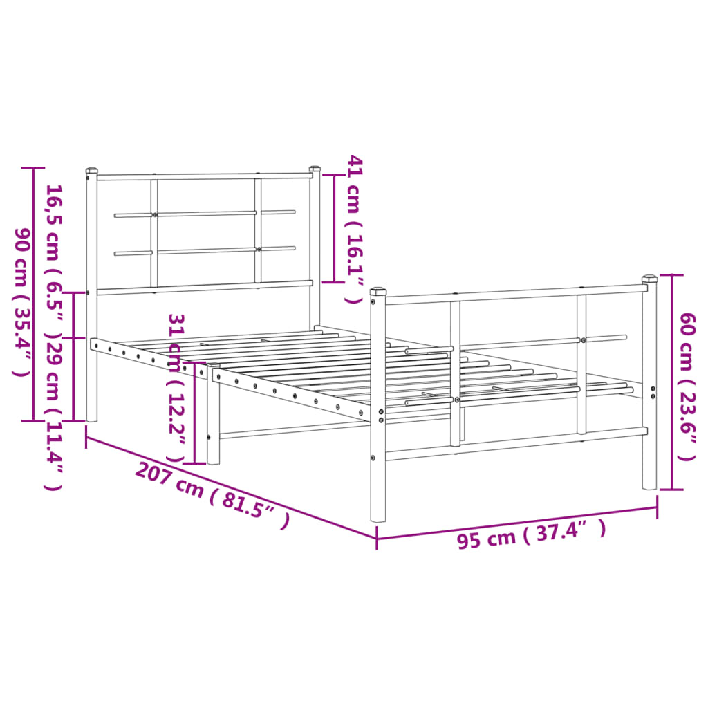 Cadru pat metalic cu tăblii de cap/picioare, negru, 90x200 cm GartenMobel Dekor