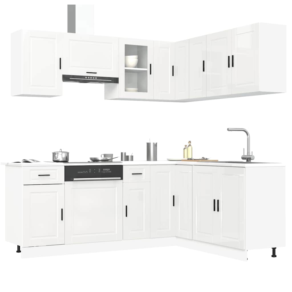 Set dulap de bucătărie 11 piese „Porto” alb lucios Lemn GartenMobel Dekor