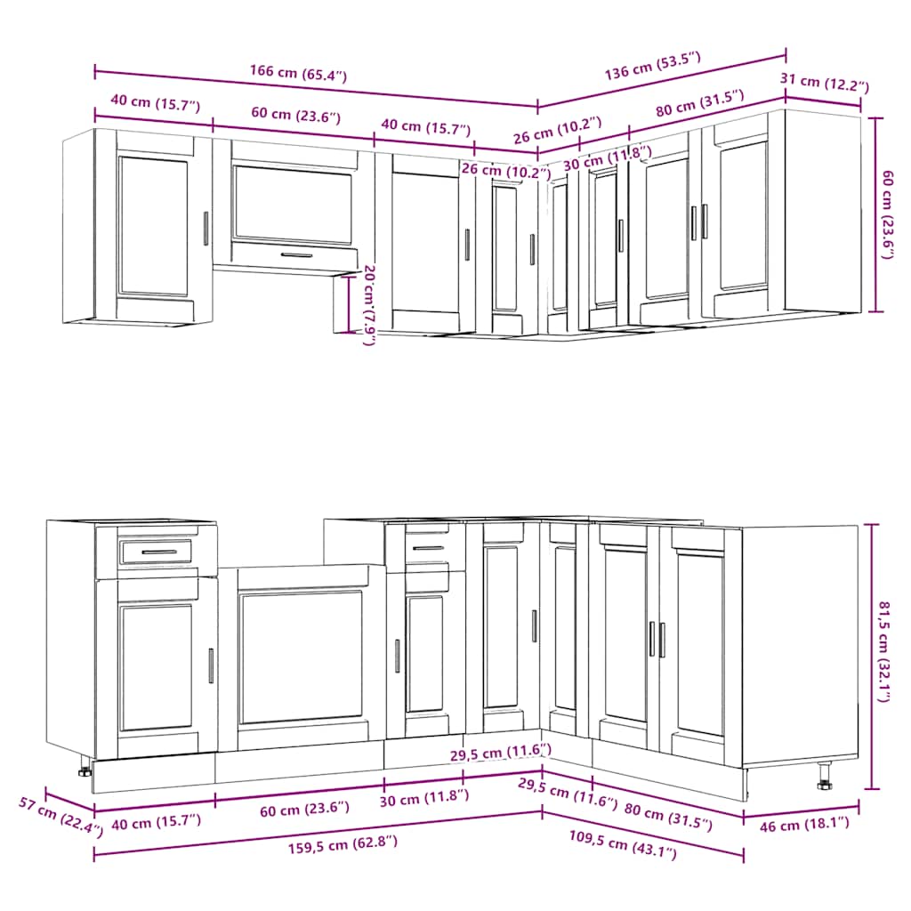 Set dulap de bucătărie 11 piese „Porto” alb lucios Lemn GartenMobel Dekor