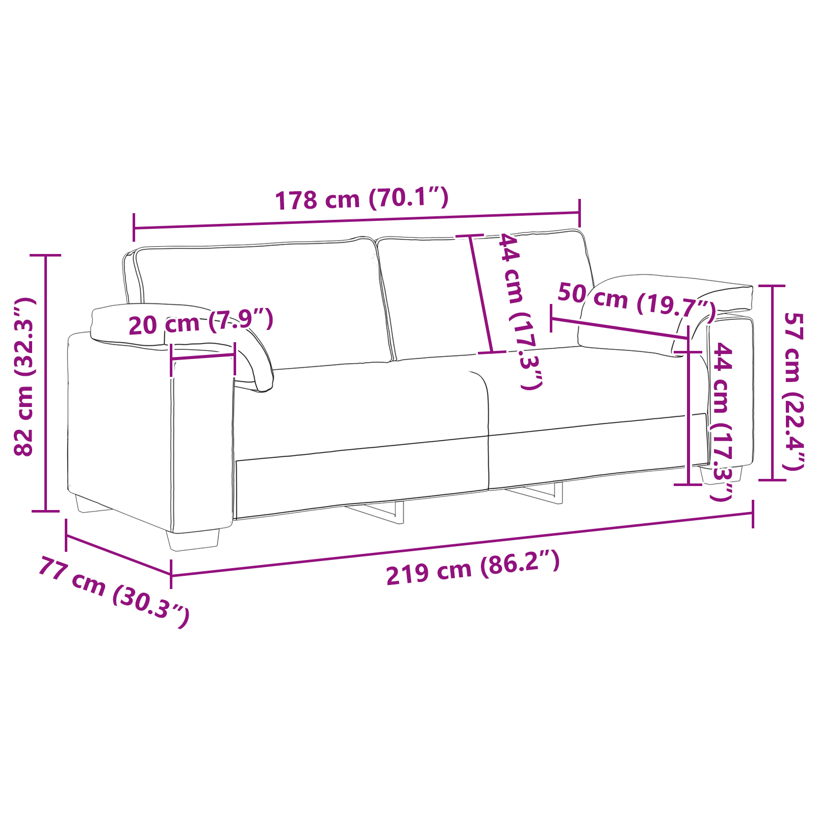 Canapeaua 3 locuri  Neagră, 178 cm, Fabric GartenMobel Dekor