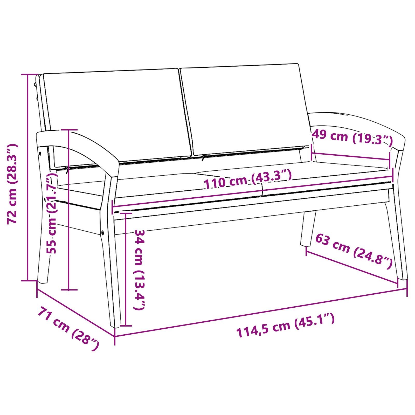 Bancă de grădină cu perne 115x70x72 cm din lemn masiv de acacia GartenMobel Dekor
