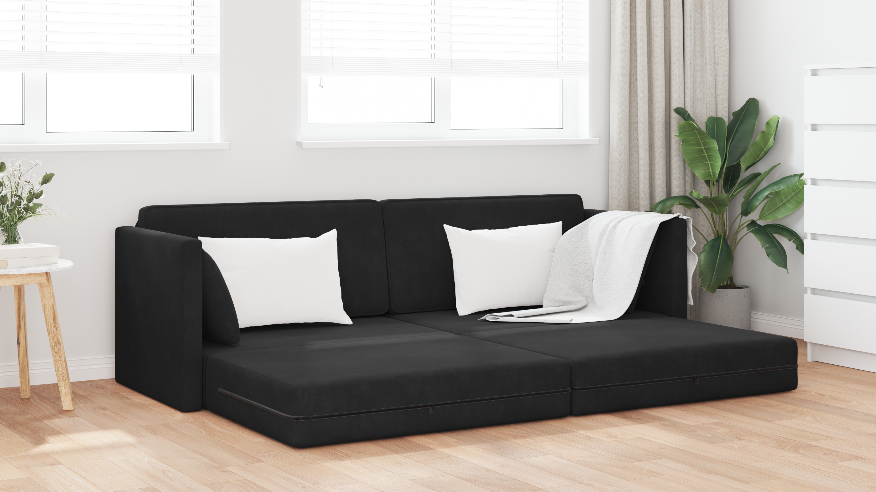 Canapea Pat 2 în 1 Neagră 213x144x60 cm Catifea GartenMobel Dekor
