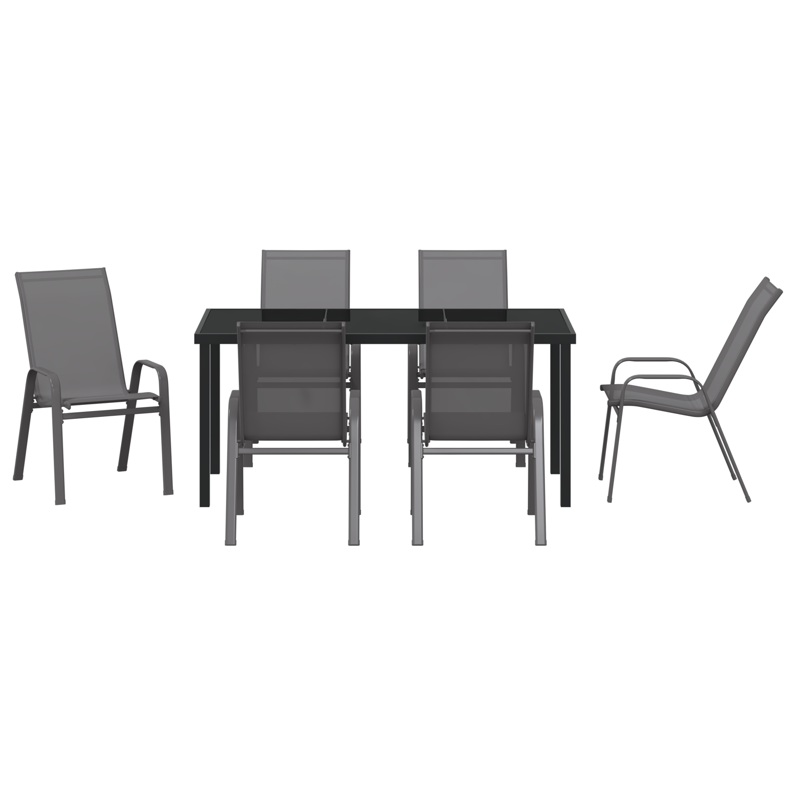 Set de mese de grădină de 7 piese gri din textil și oțel, Masa de grădină  neagră 160x80x73 cm din sticlă securizată GartenMobel Dekor