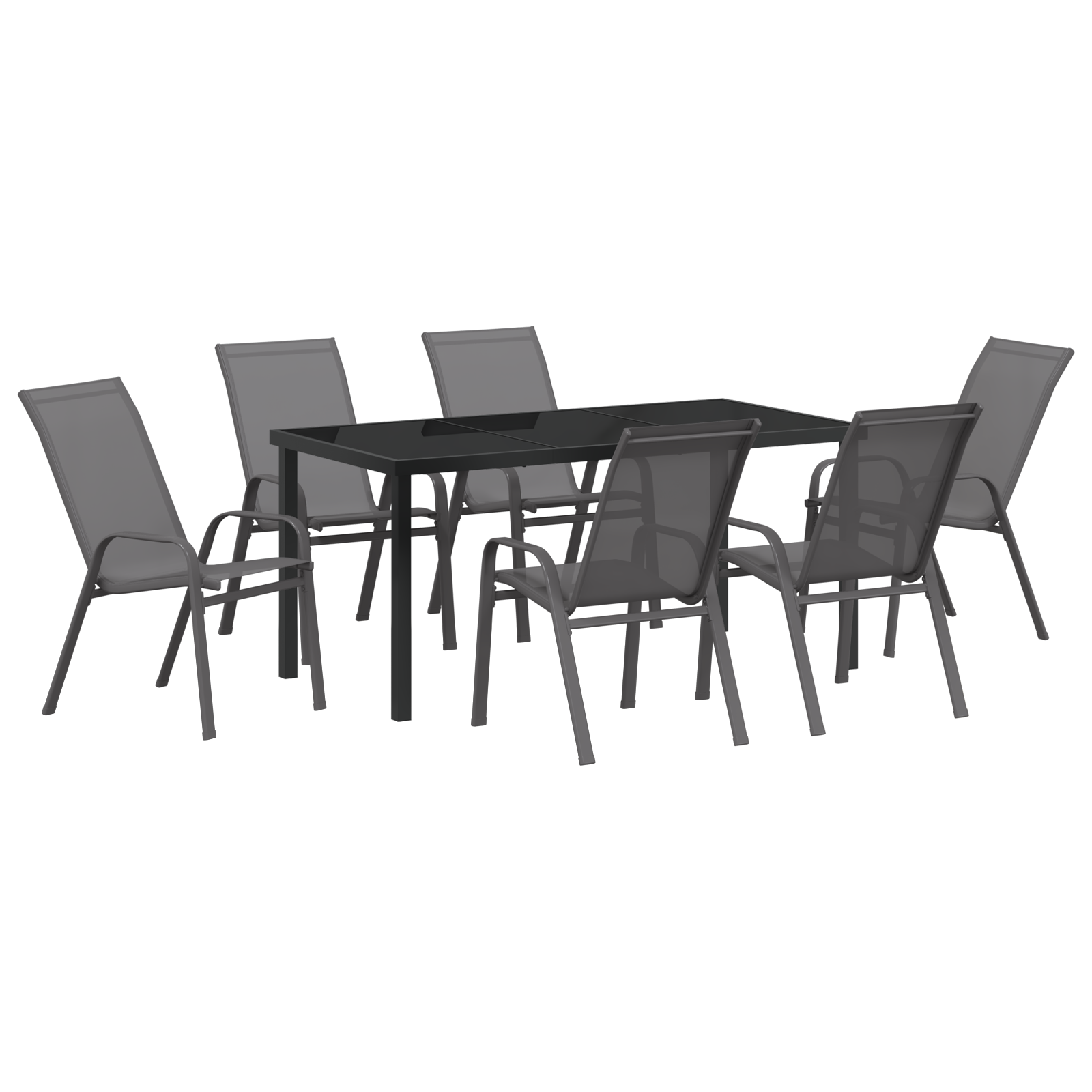 Set de mese de grădină de 7 piese gri din textil și oțel, Masa de grădină  neagră 160x80x73 cm din sticlă securizată GartenMobel Dekor