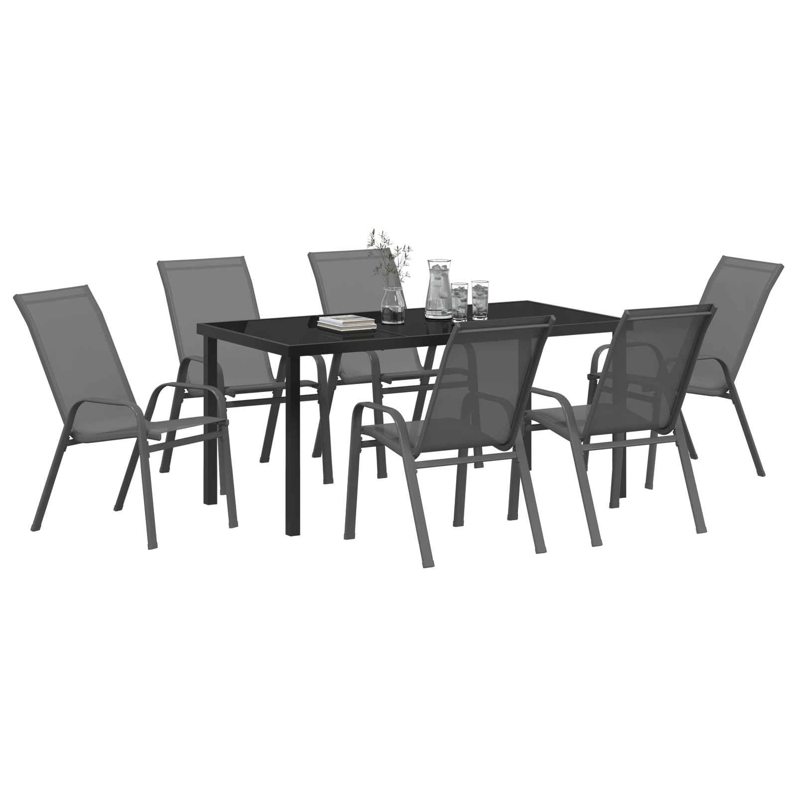 Set de mese de grădină de 7 piese gri din textil și oțel, Masa de grădină  neagră 160x80x73 cm din sticlă securizată GartenMobel Dekor