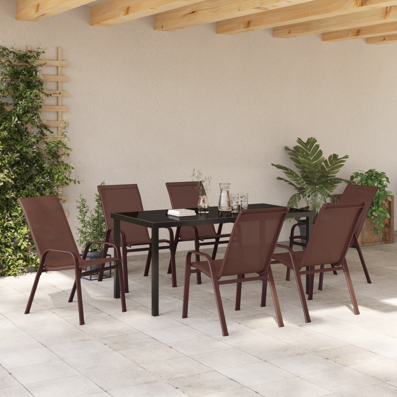 Set mese grădină 7 piese Maro Textil și Oțel GartenMobel Dekor