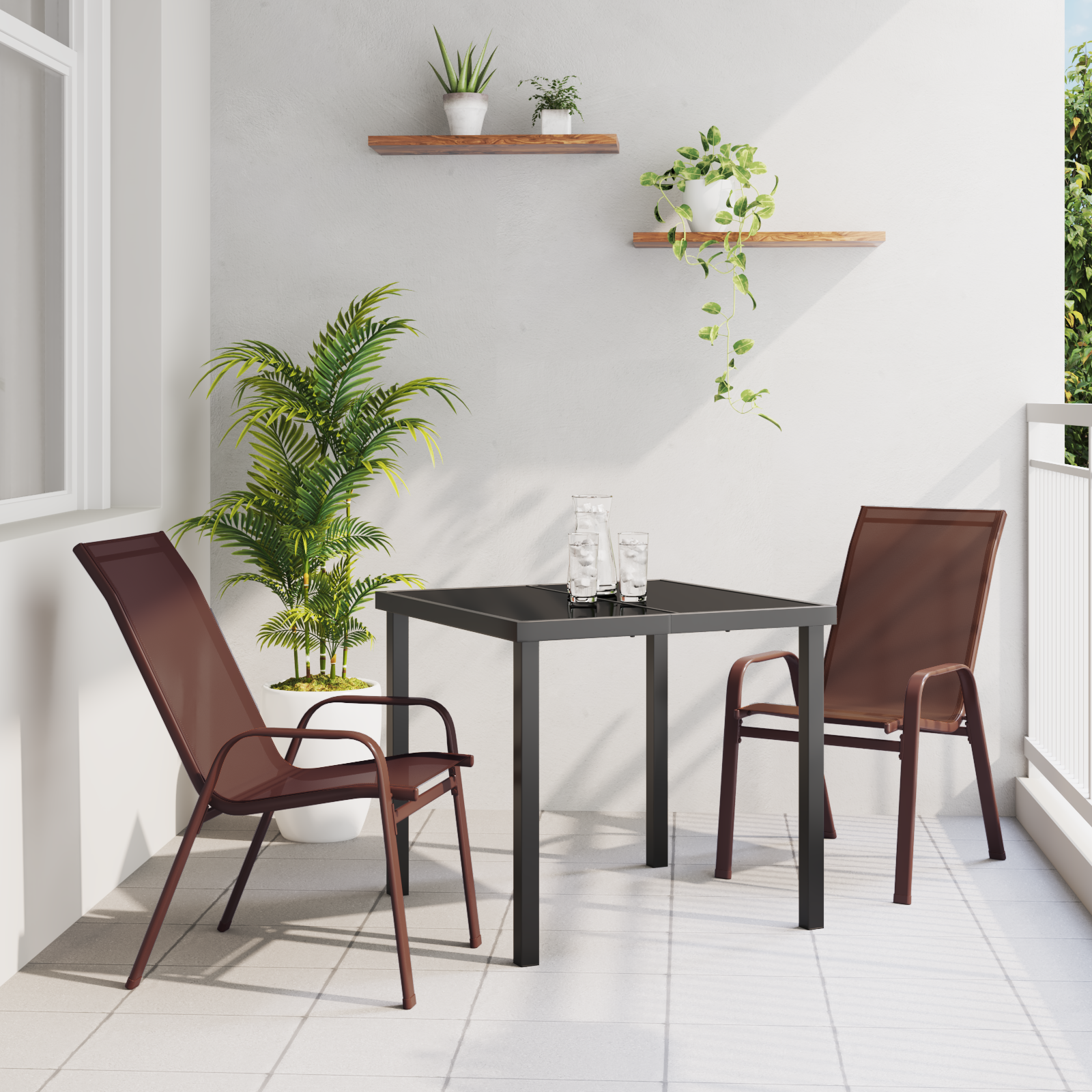 Set de Dining pentru Grădină  cu 3 Piese Maro Textil și Oțel, Masă Grădină  Neagră 80x80x73 cm Sticlă Întărită GartenMobel Dekor