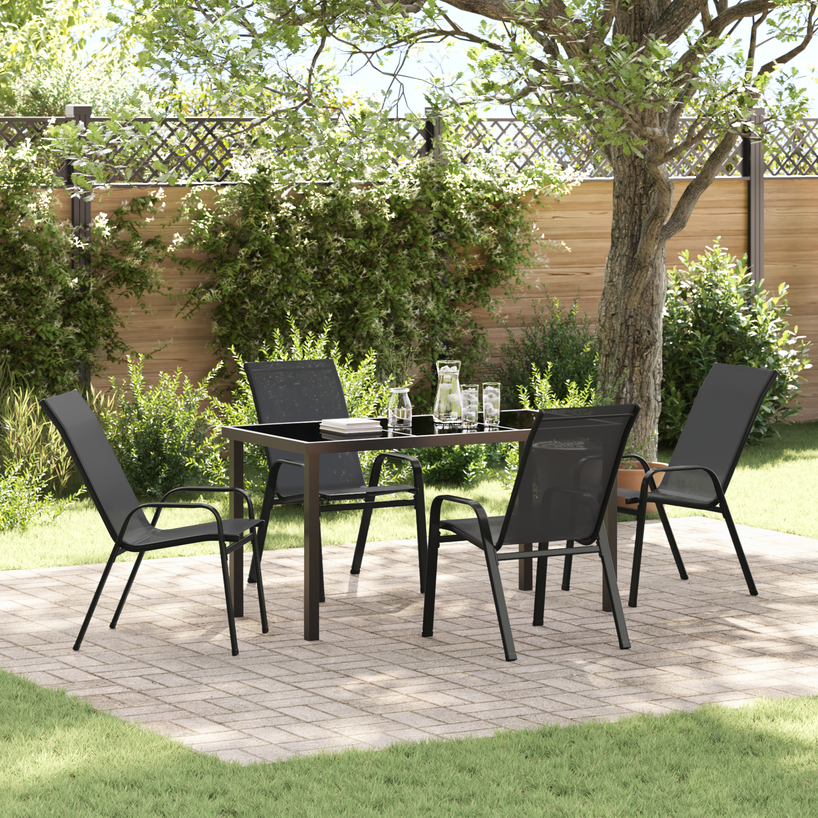 Set masă grădină  5 piese Negru Textilene + Oțel, Masă grădină  Neagră 140x80x73 cm Sticlă securizată GartenMobel Dekor