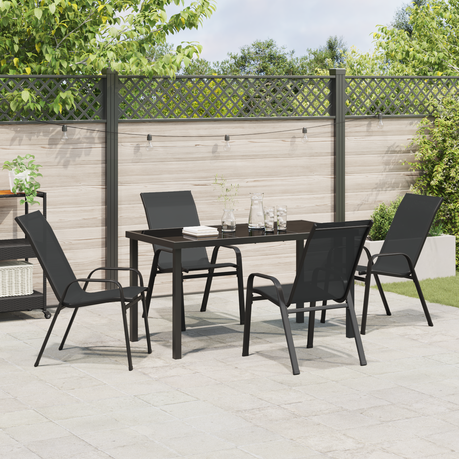 Set masă grădină  5 piese Negru Textilene + Oțel, Masă grădină  Neagră 140x80x73 cm Sticlă securizată GartenMobel Dekor