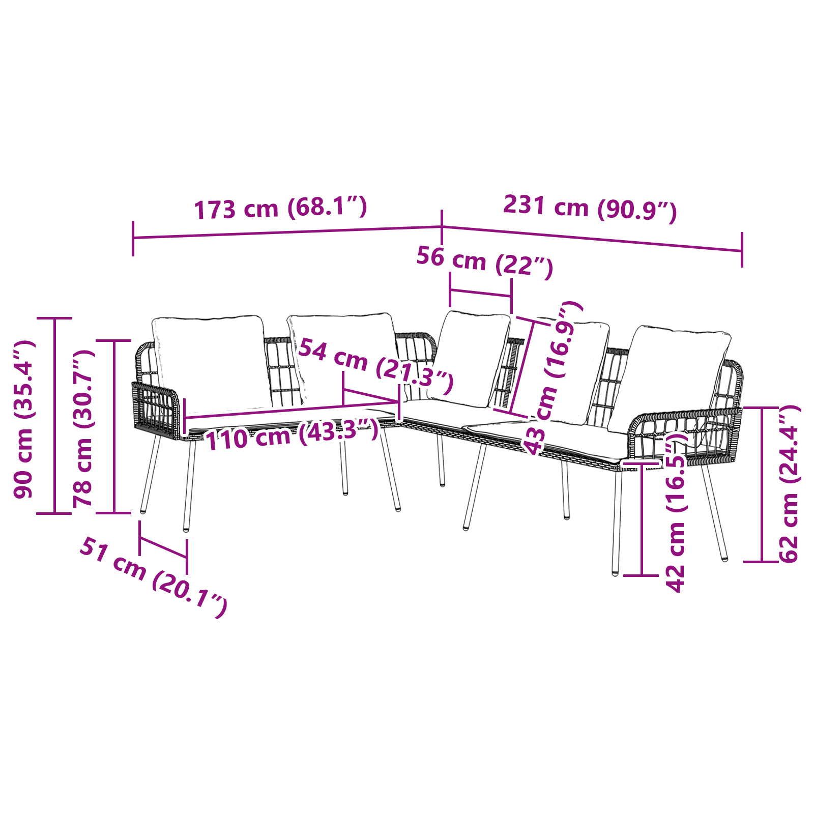 Canapea în formă de L Natural 231x173x78 cm Poliratan GartenMobel Dekor
