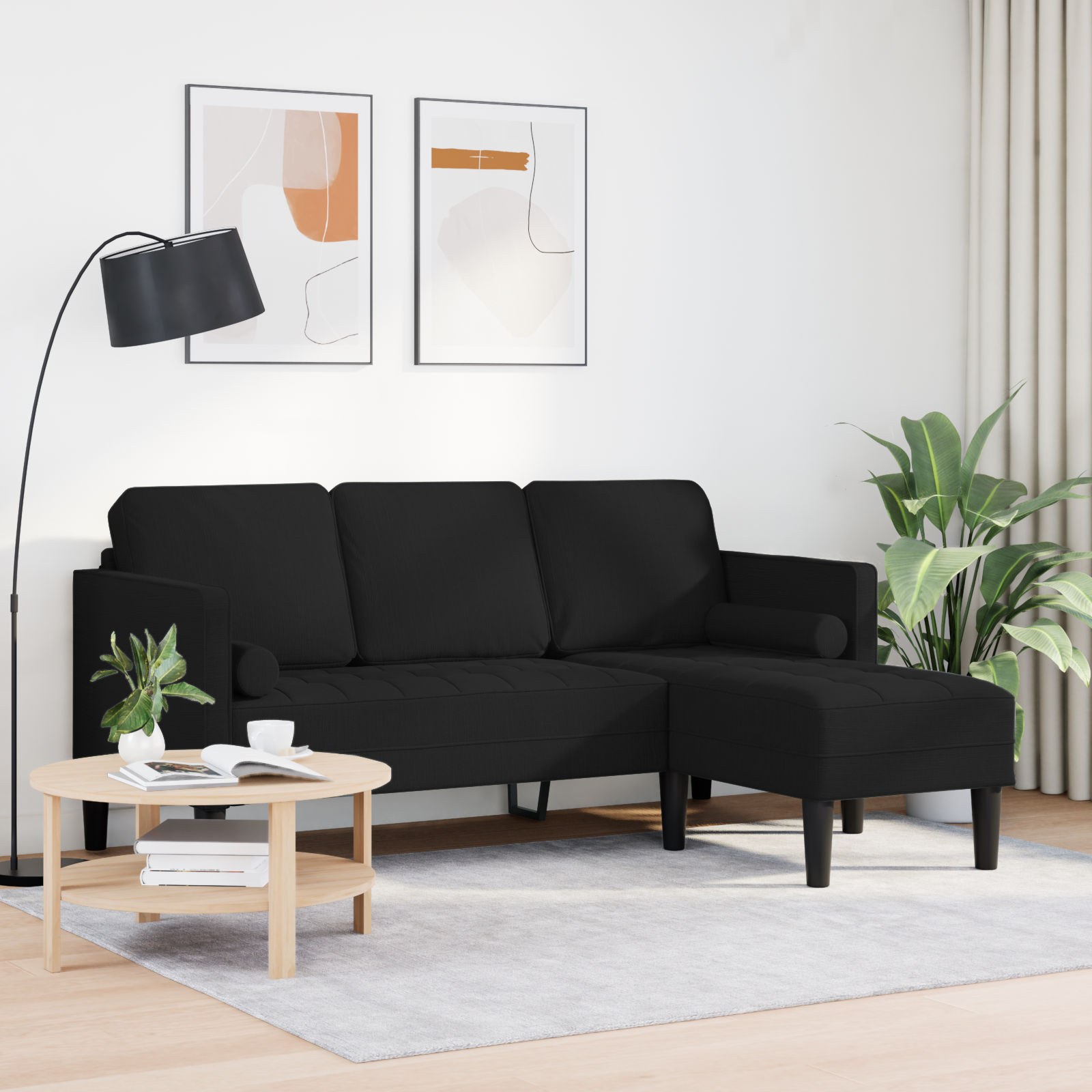 Canapea L cu 3 locuri Neagră 160 cm Textil GartenMobel Dekor