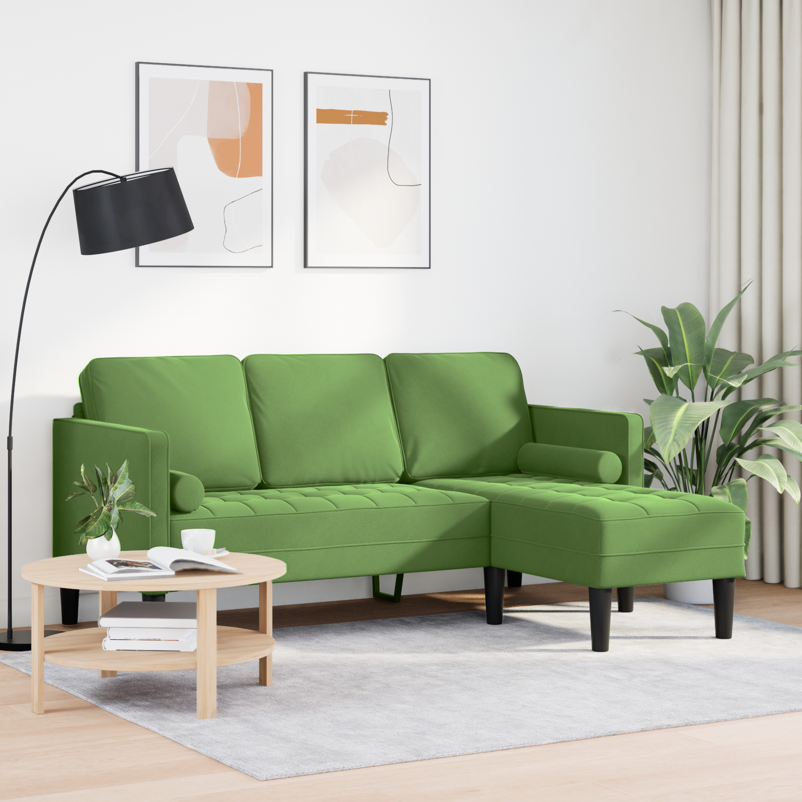 Canapea cu 3 locuri și chaise L, verde deschis, 160 cm, catifea GartenMobel Dekor