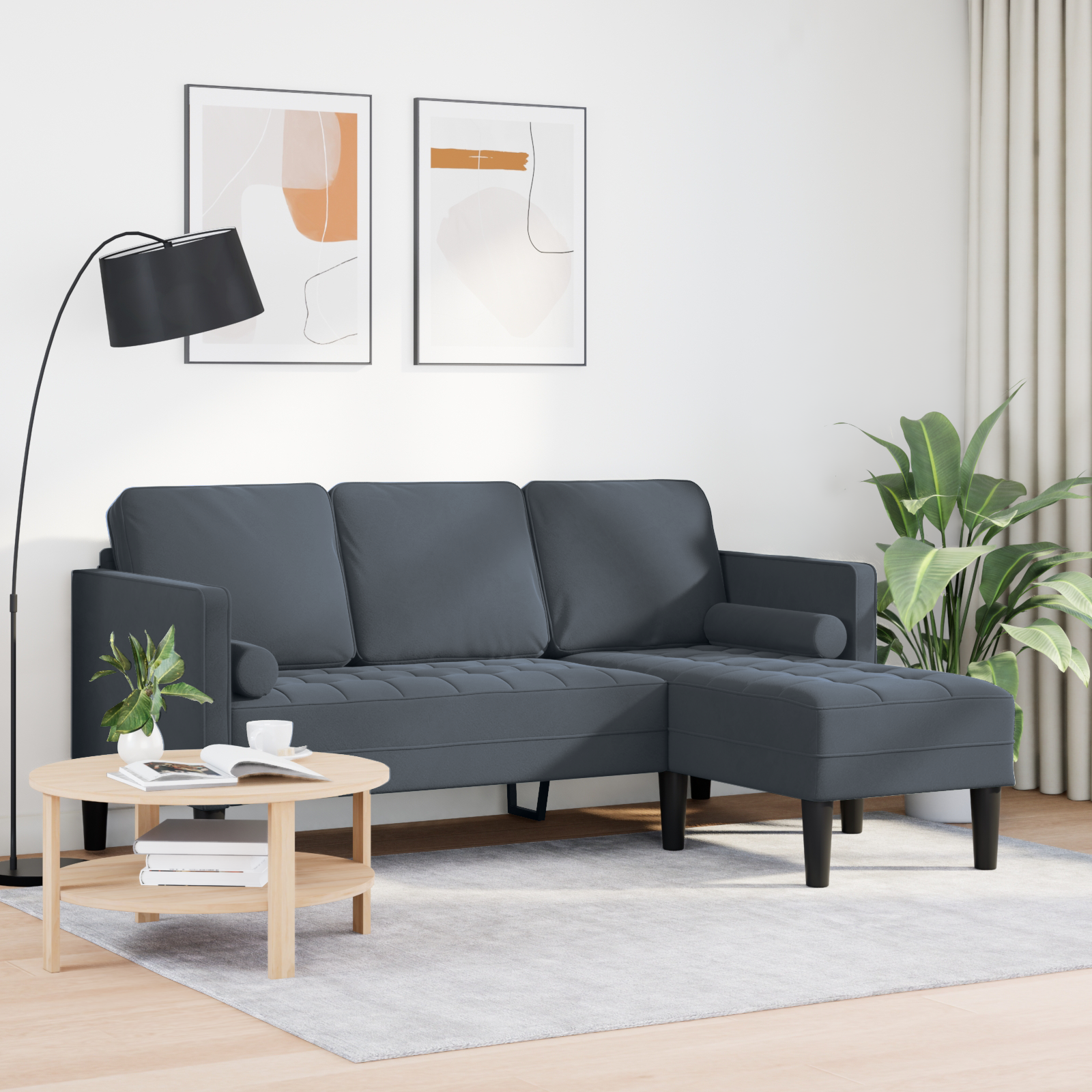 Sofa cu 3 locuri cu șezlong în formă de L gri închis 160 cm din catifea GartenMobel Dekor