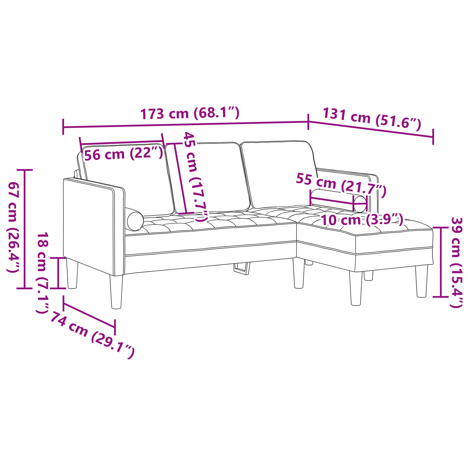 Sofa cu 3 locuri cu șezlong în formă de L gri închis 160 cm din catifea GartenMobel Dekor