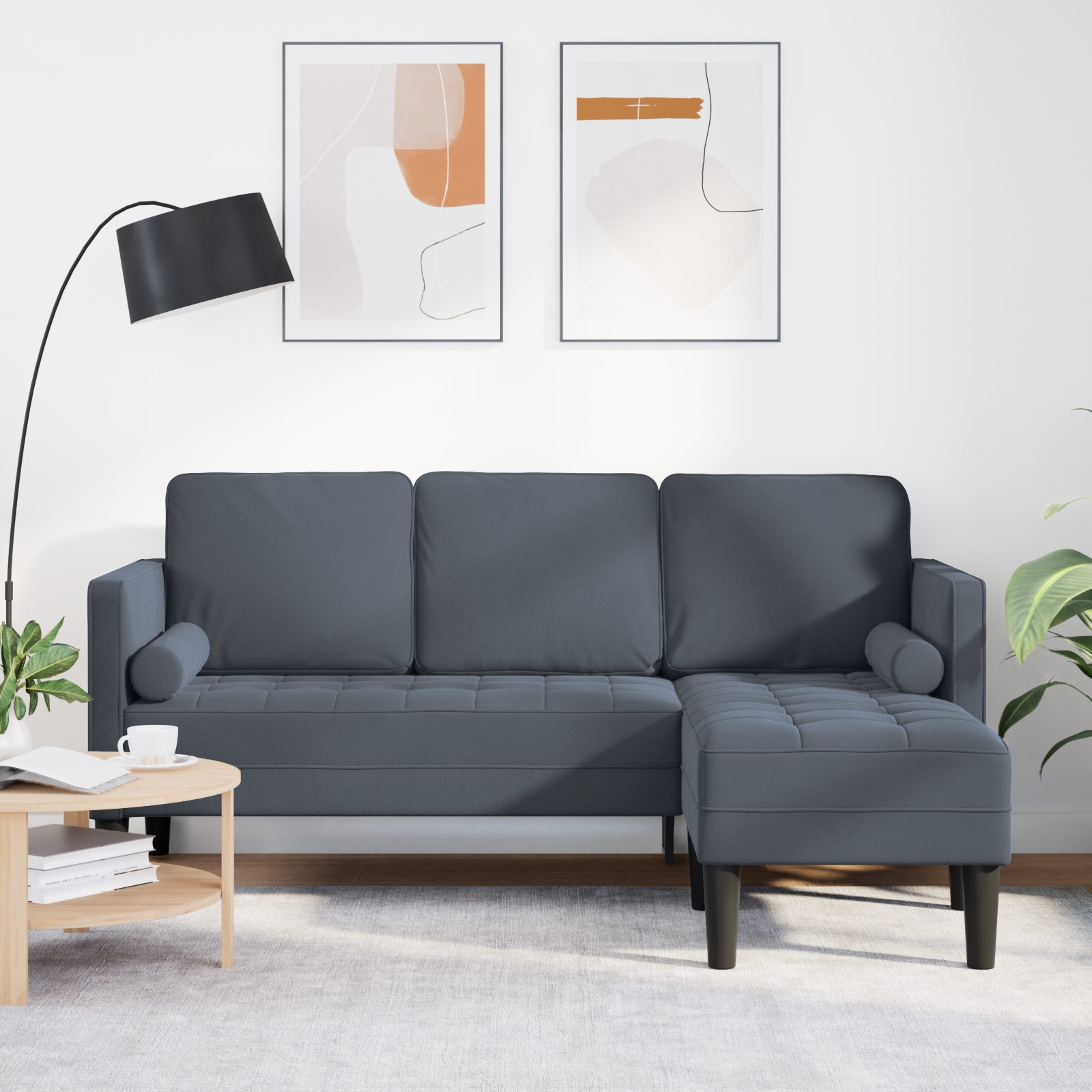 Sofa cu 3 locuri cu șezlong în formă de L gri închis 160 cm din catifea GartenMobel Dekor