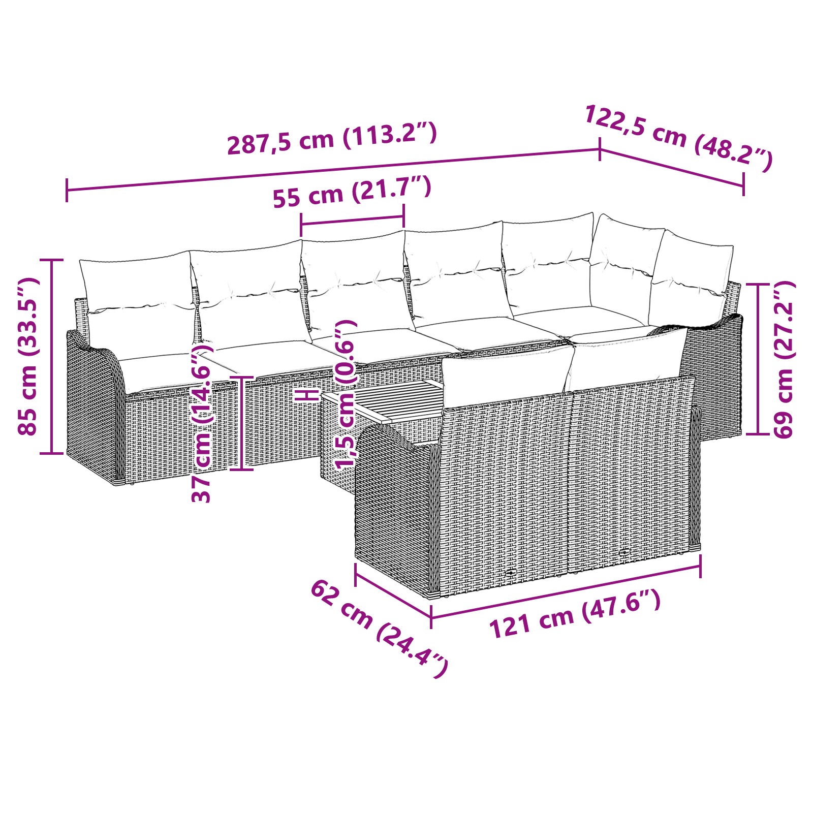 Set Canapea Grădină 9 Piese cu Pernuțe Negru Ratan Polimer Acacia, Canapea Grădină 2 Locuri cu Pernuțe Negru Ratan Polimer GartenMobel Dekor