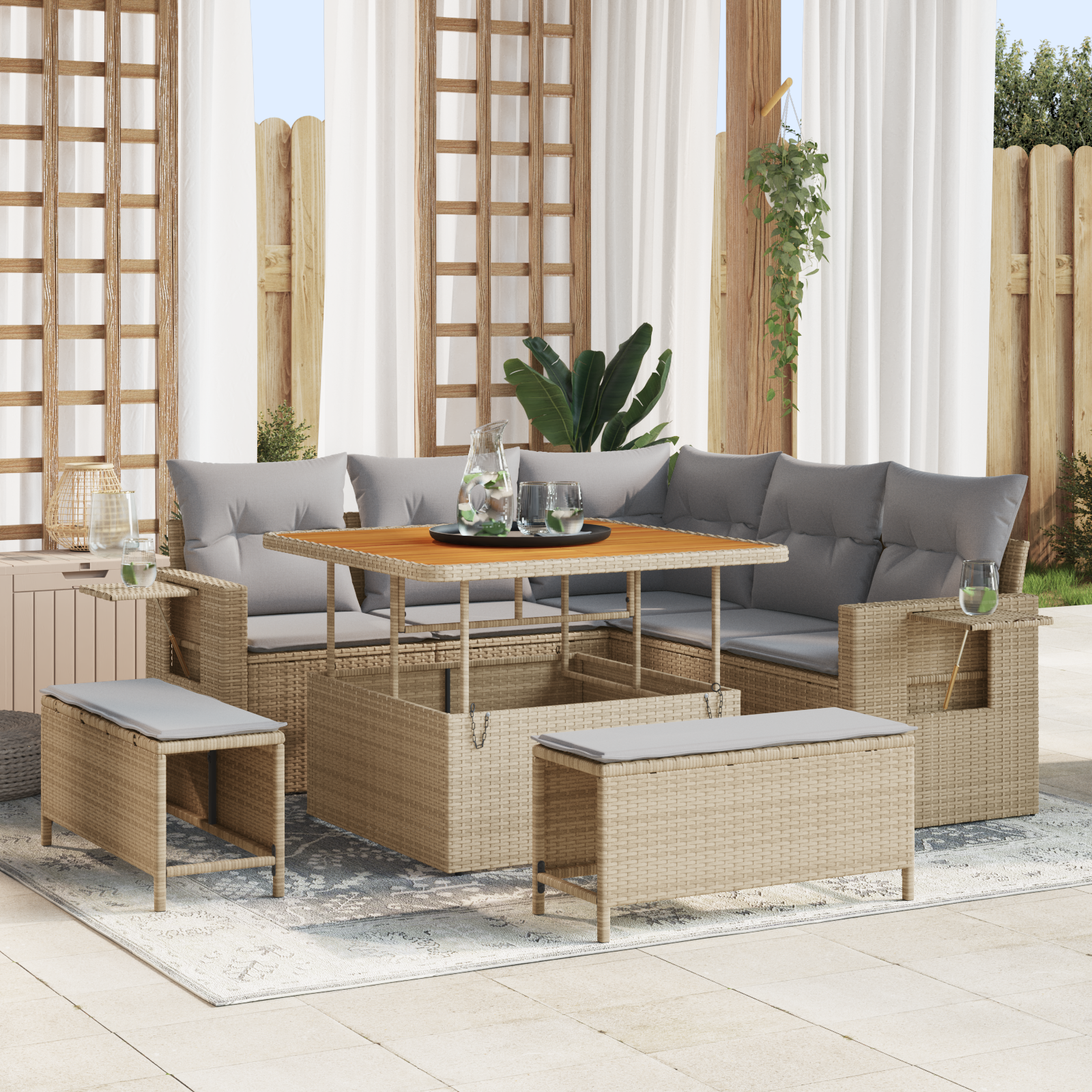 Set de canapea pentru grădină cu 8 piese cu perne Bej Ratan Poliester Acacia, Set de dining pentru grădină cu 3 piese cu perne Bej Ratan Poliester Acacia GartenMobel Dekor