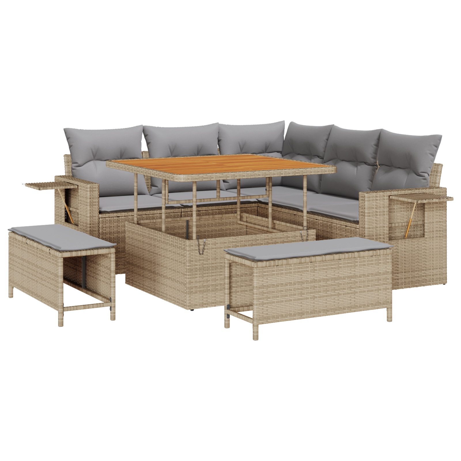 Set de canapea pentru grădină cu 8 piese cu perne Bej Ratan Poliester Acacia, Set de dining pentru grădină cu 3 piese cu perne Bej Ratan Poliester Acacia GartenMobel Dekor