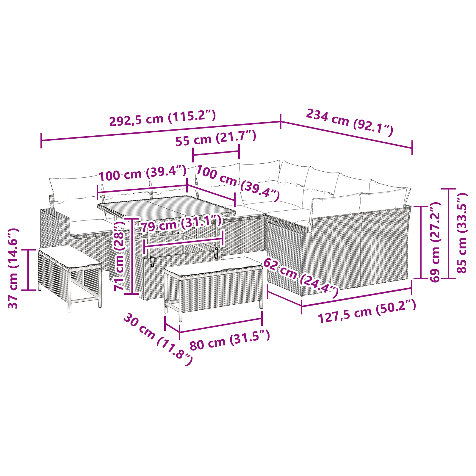 Set de canapele pentru grădină cu perne Negre Ratan Poli Acacia, Set de dining pentru grădină cu perne Negre Ratan Poli Acacia GartenMobel Dekor