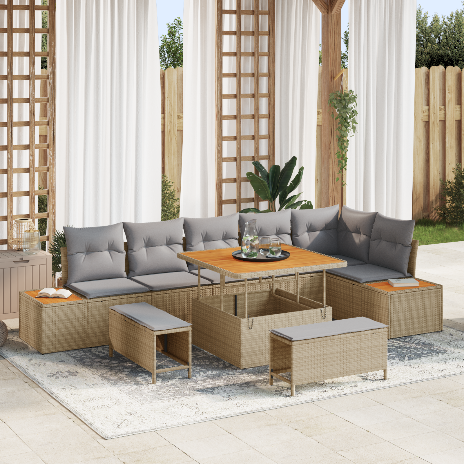 Set de Sofa de Grădină cu 9 Piese și Perne Bej Poli Ratan Acacia GartenMobel Dekor