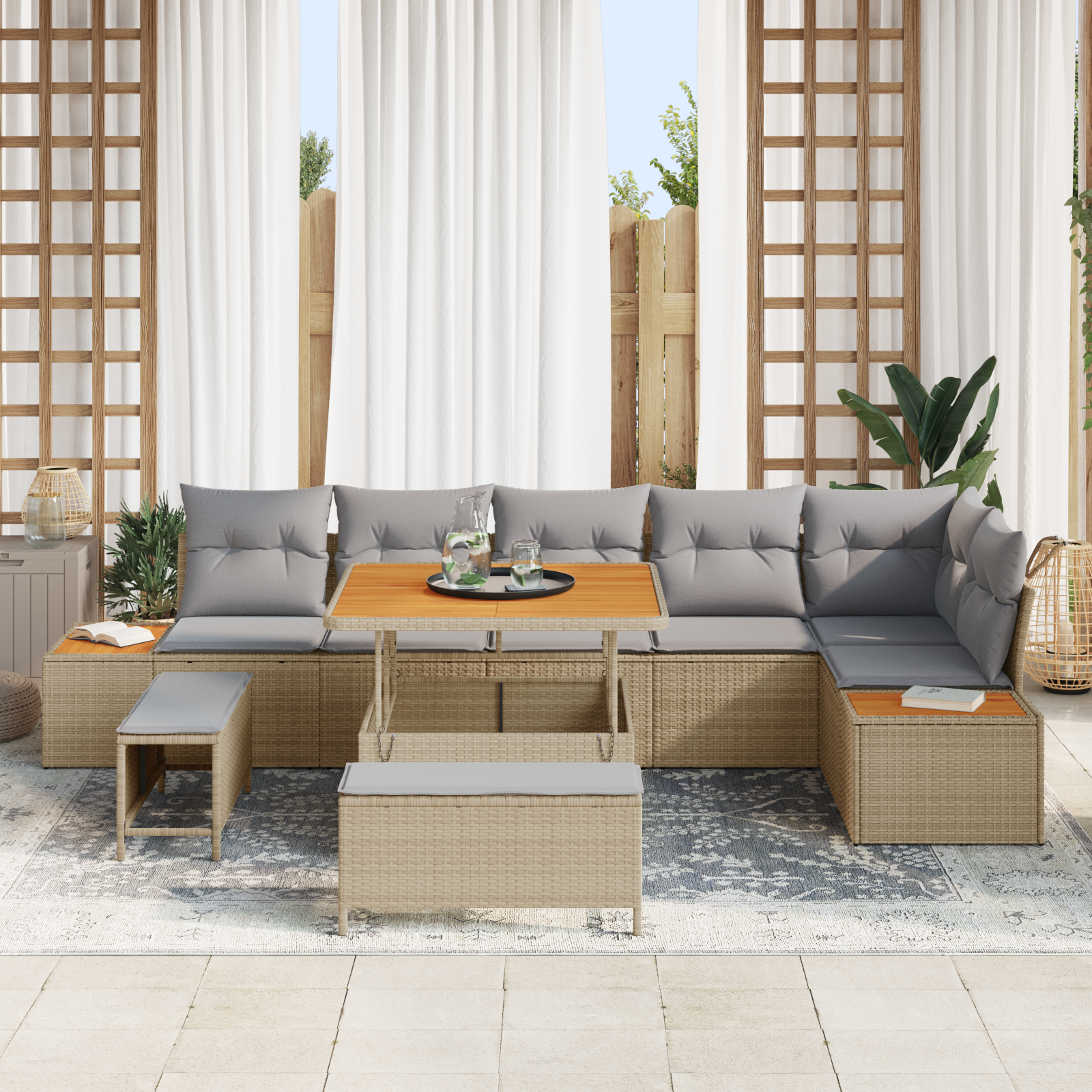 Set de Sofa de Grădină cu 9 Piese și Perne Bej Poli Ratan Acacia GartenMobel Dekor