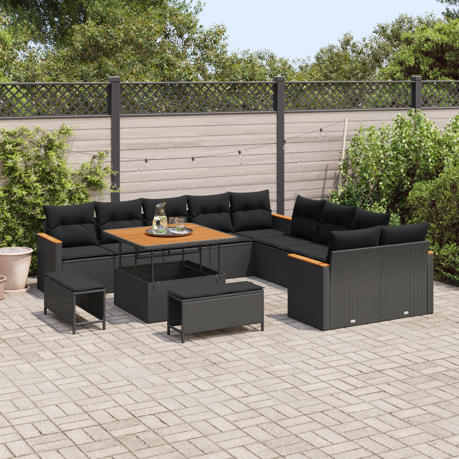 Set de Canapea de Gradina cu 13 Piese cu Perne Ratan Polimer Negru Acacia, Set de Dining de Gradina cu 3 Piese cu Perne Ratan Polimer Negru Acacia GartenMobel Dekor
