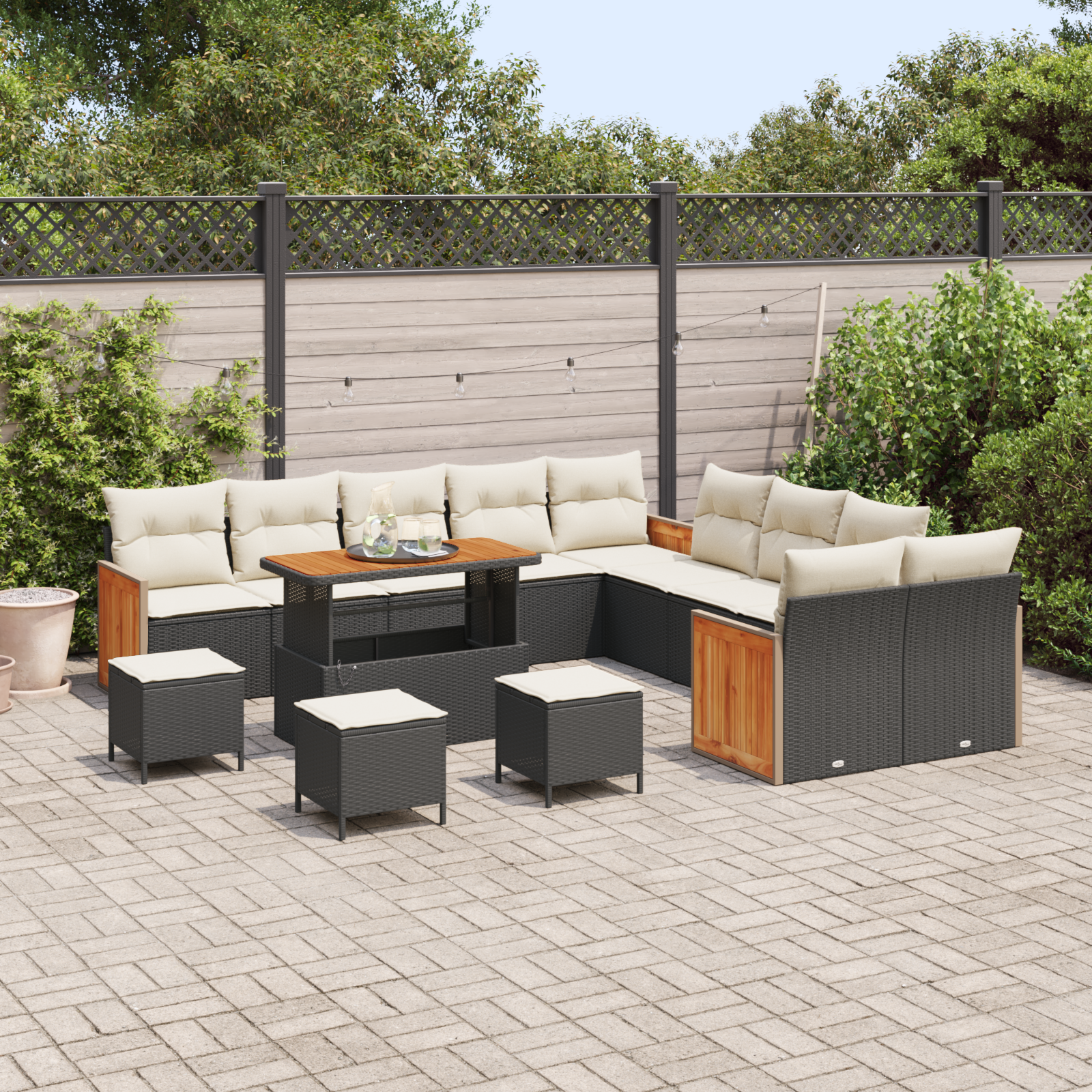 Set de Canapele pentru Grădină cu Perne Negru Poliratan Acacia, Set de Dining pentru Grădină cu 4 Piese cu Perne Negru Poliratan Acacia GartenMobel Dekor