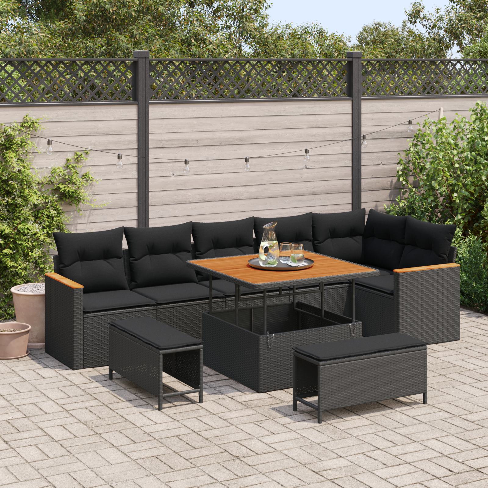 Set de canapele pentru grădină cu perne, 9 piese, Negru, Poliratan, Acacia, Set de dining pentru grădină cu perne, 3 piese, Negru, Poliratan, Acacia GartenMobel Dekor