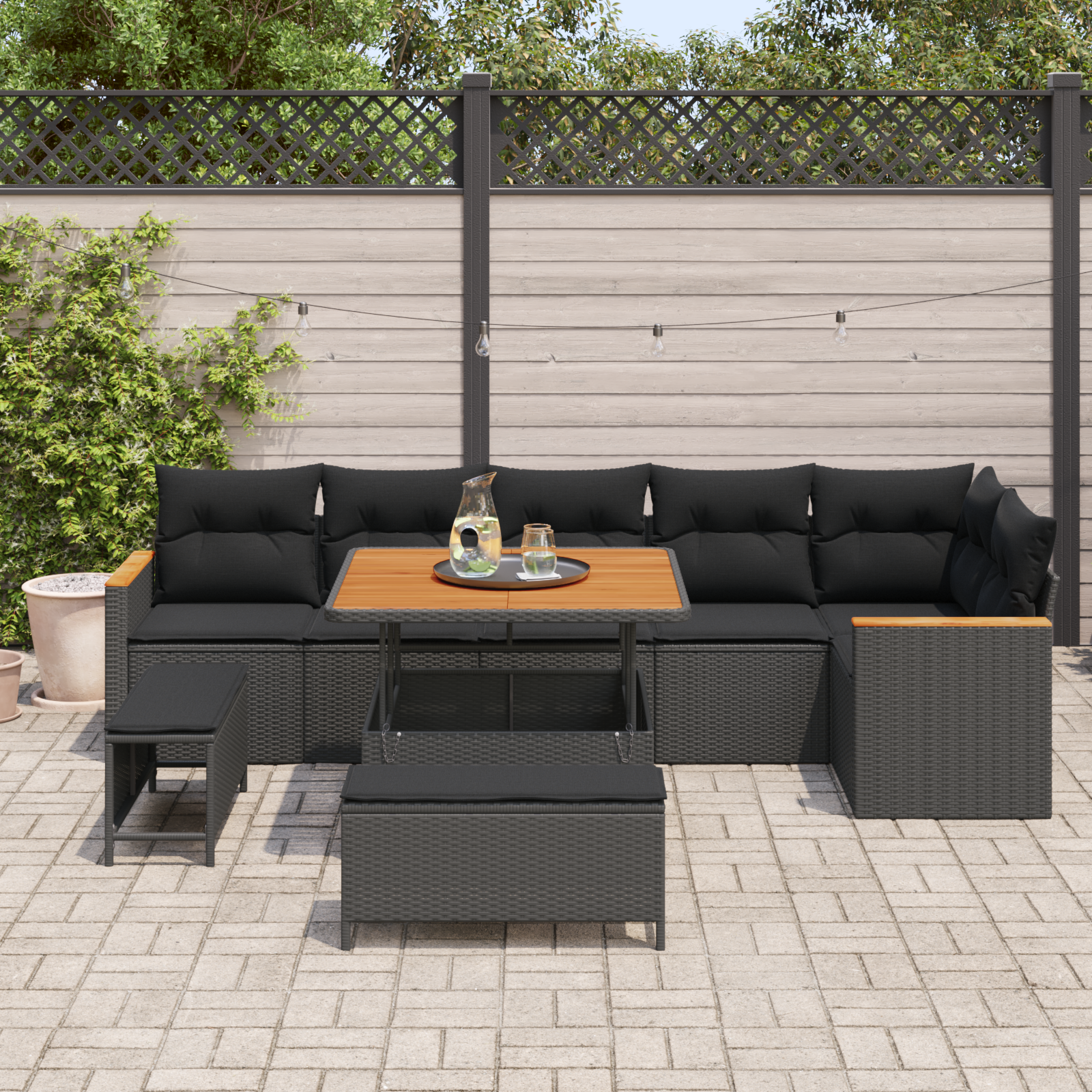 Set de canapele pentru grădină cu perne, 9 piese, Negru, Poliratan, Acacia, Set de dining pentru grădină cu perne, 3 piese, Negru, Poliratan, Acacia GartenMobel Dekor