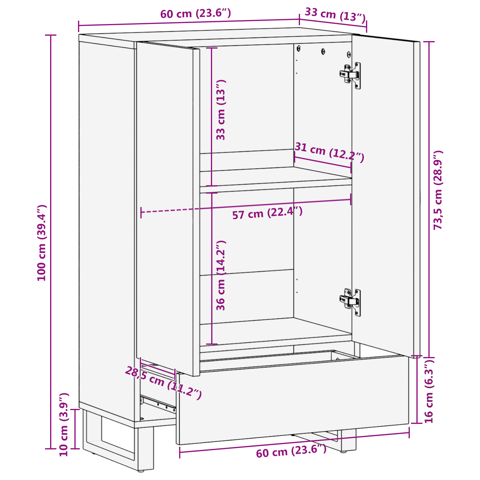 Highboard 60x33.5x100 cm din lemn masiv de nuc GartenMobel Dekor
