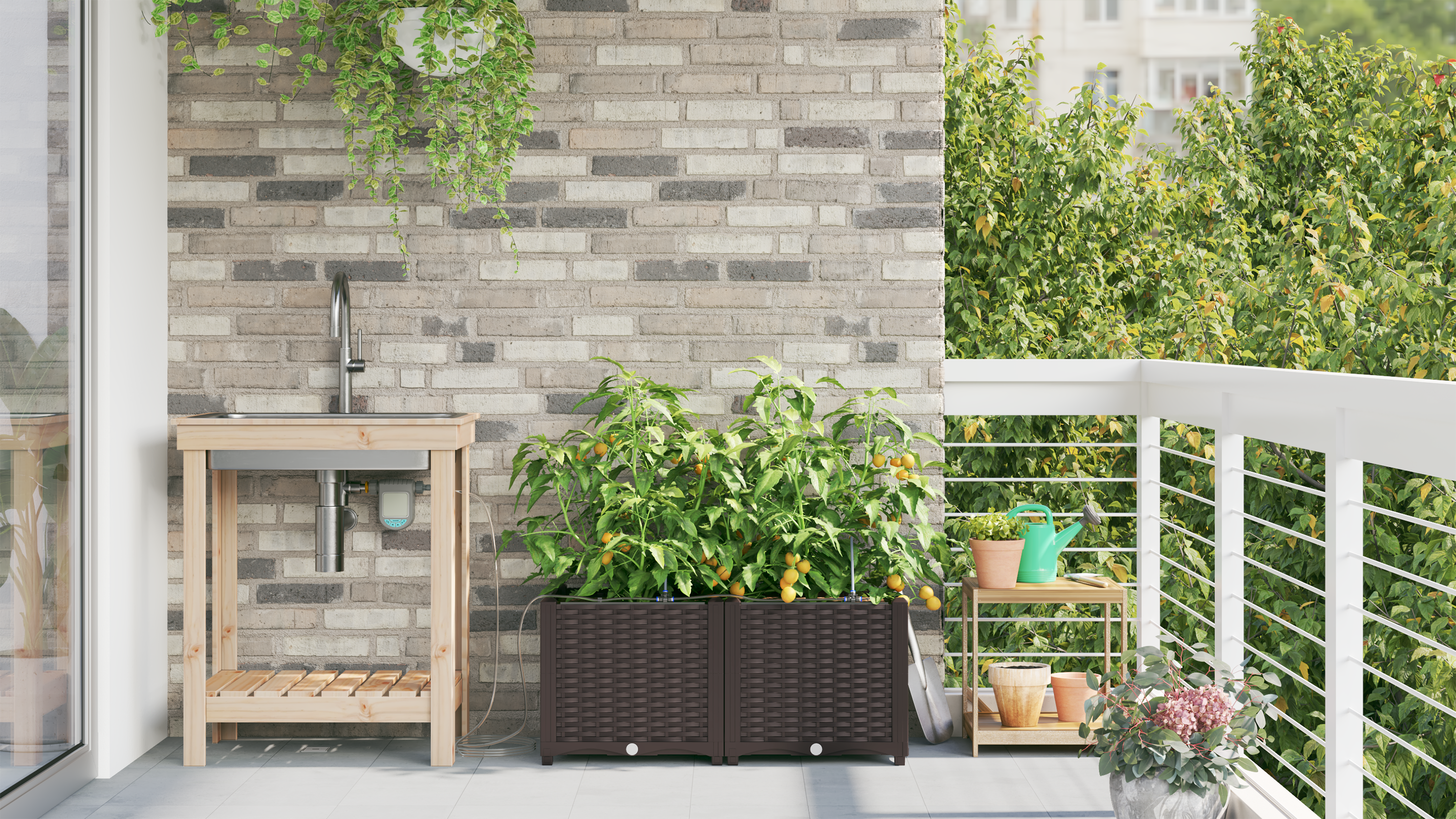 Jardiniere cu Sistem de IriGare 2 piese Maro GartenMobel Dekor