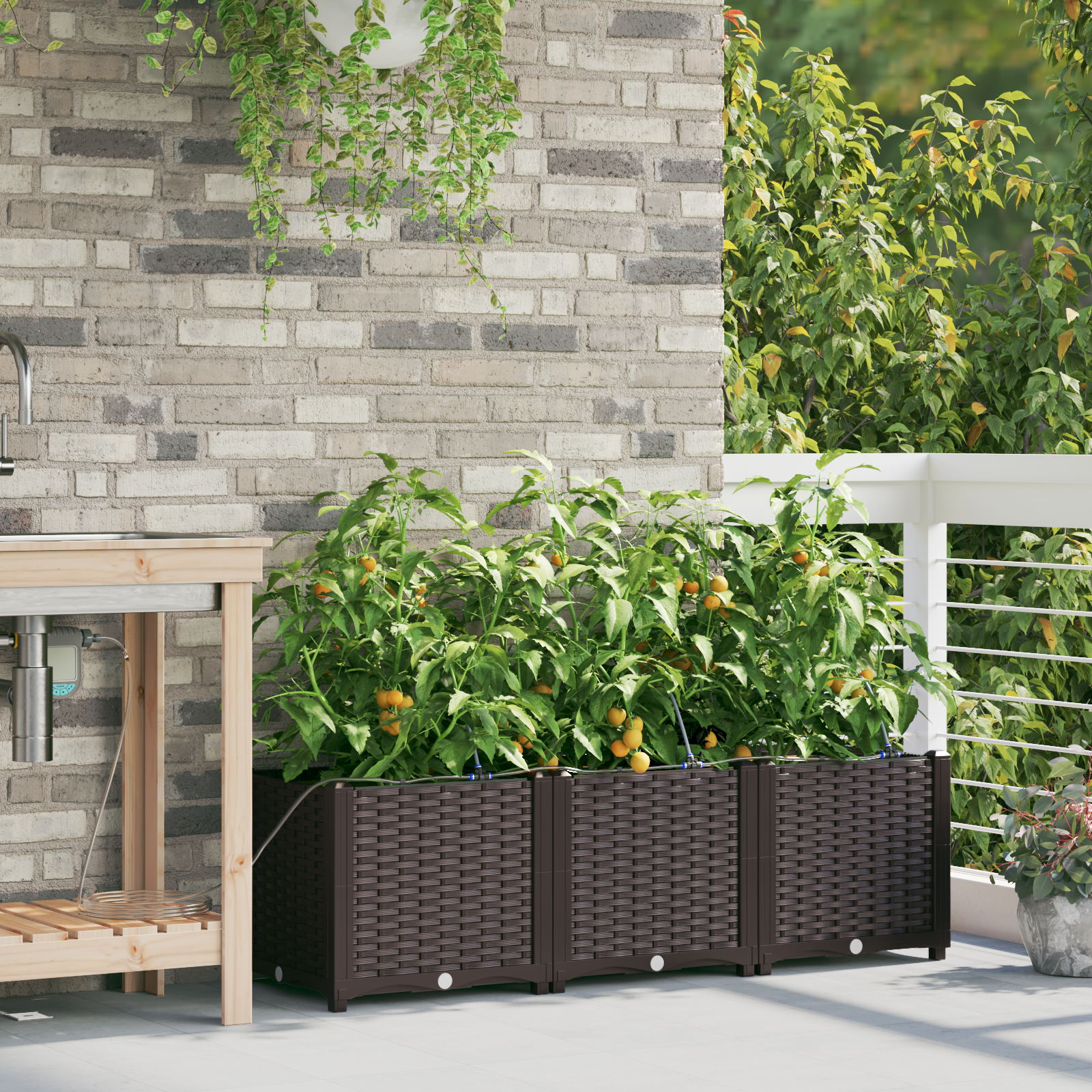 Jardiniere cu Sistem de Irigare pentru Apă 3 buc Brown GartenMobel Dekor