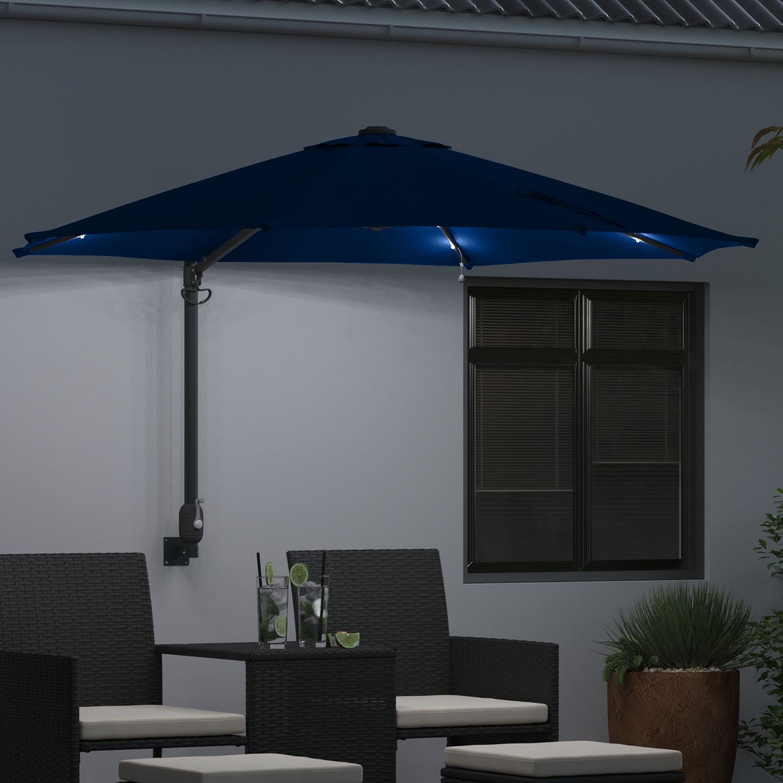Parasol de grădină montat pe perete cu LED-uri Albastră Azurie 248 cm GartenMobel Dekor