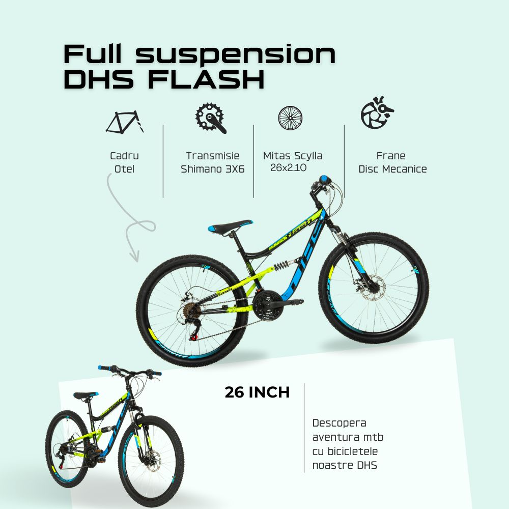 Bicicleta Full suspension DHS Flash - 26 Inch, Negru Ultimate FactoryBikes