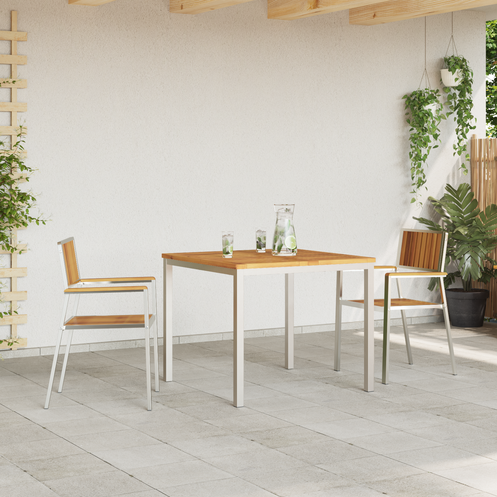 Set de dining pentru grădină  3 piese din lemn masiv de acacia, Masă de dining  90x90x74.5 cm din lemn masiv de acacia, Scaune de grădină stivuibile  2 bucăți din lemn masiv de acacia și metal GartenMobel Dekor