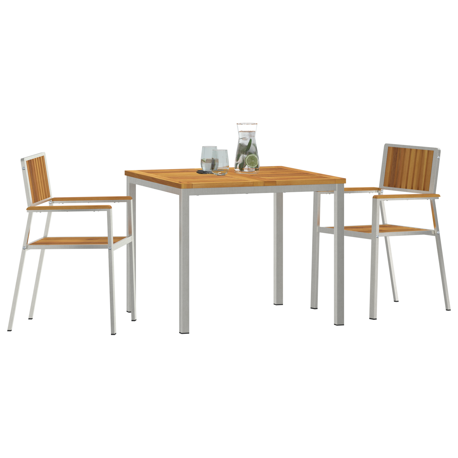 Set de dining pentru grădină  3 piese din lemn masiv de acacia, Masă de dining  90x90x74.5 cm din lemn masiv de acacia, Scaune de grădină stivuibile  2 bucăți din lemn masiv de acacia și metal GartenMobel Dekor