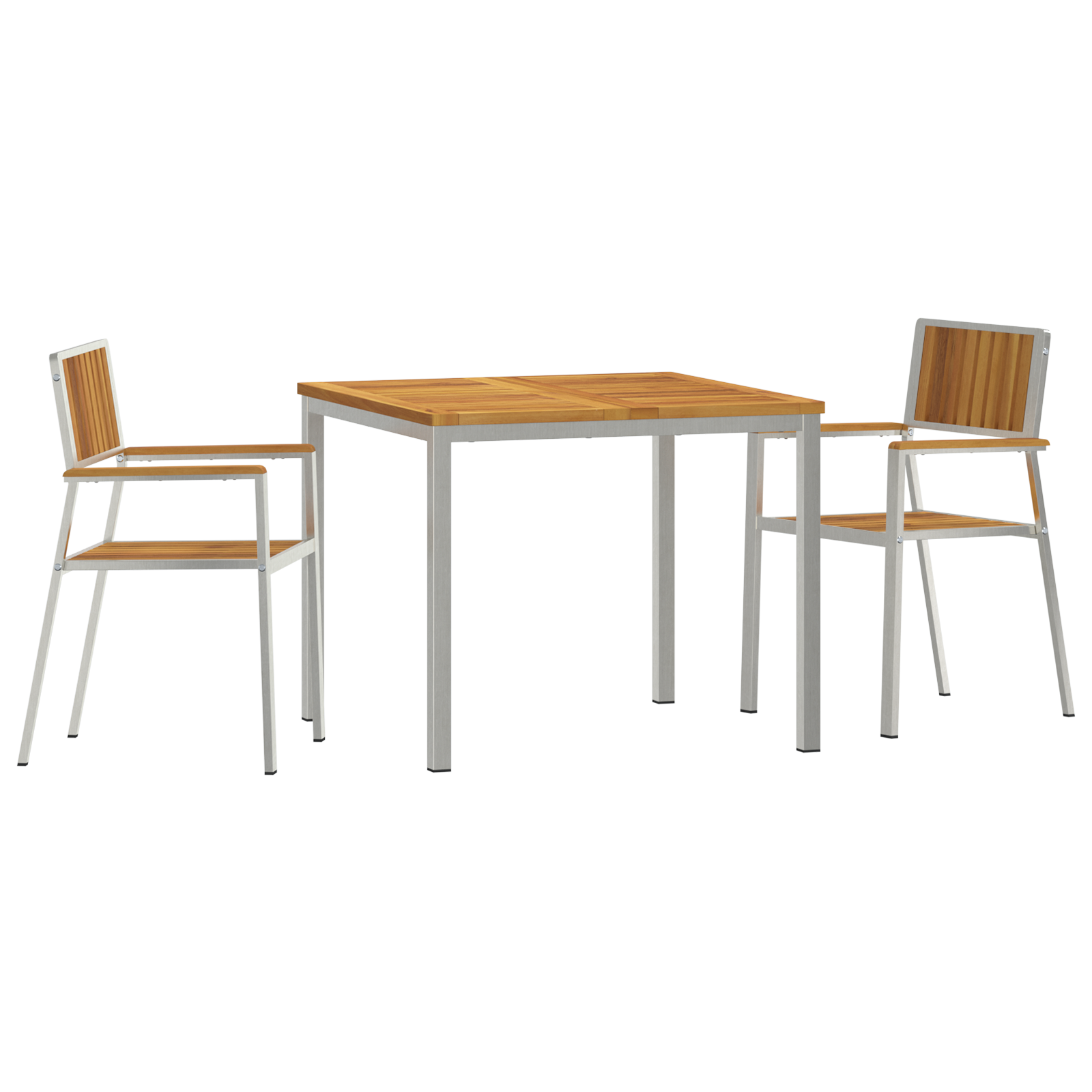 Set de dining pentru grădină  3 piese din lemn masiv de acacia, Masă de dining  90x90x74.5 cm din lemn masiv de acacia, Scaune de grădină stivuibile  2 bucăți din lemn masiv de acacia și metal GartenMobel Dekor