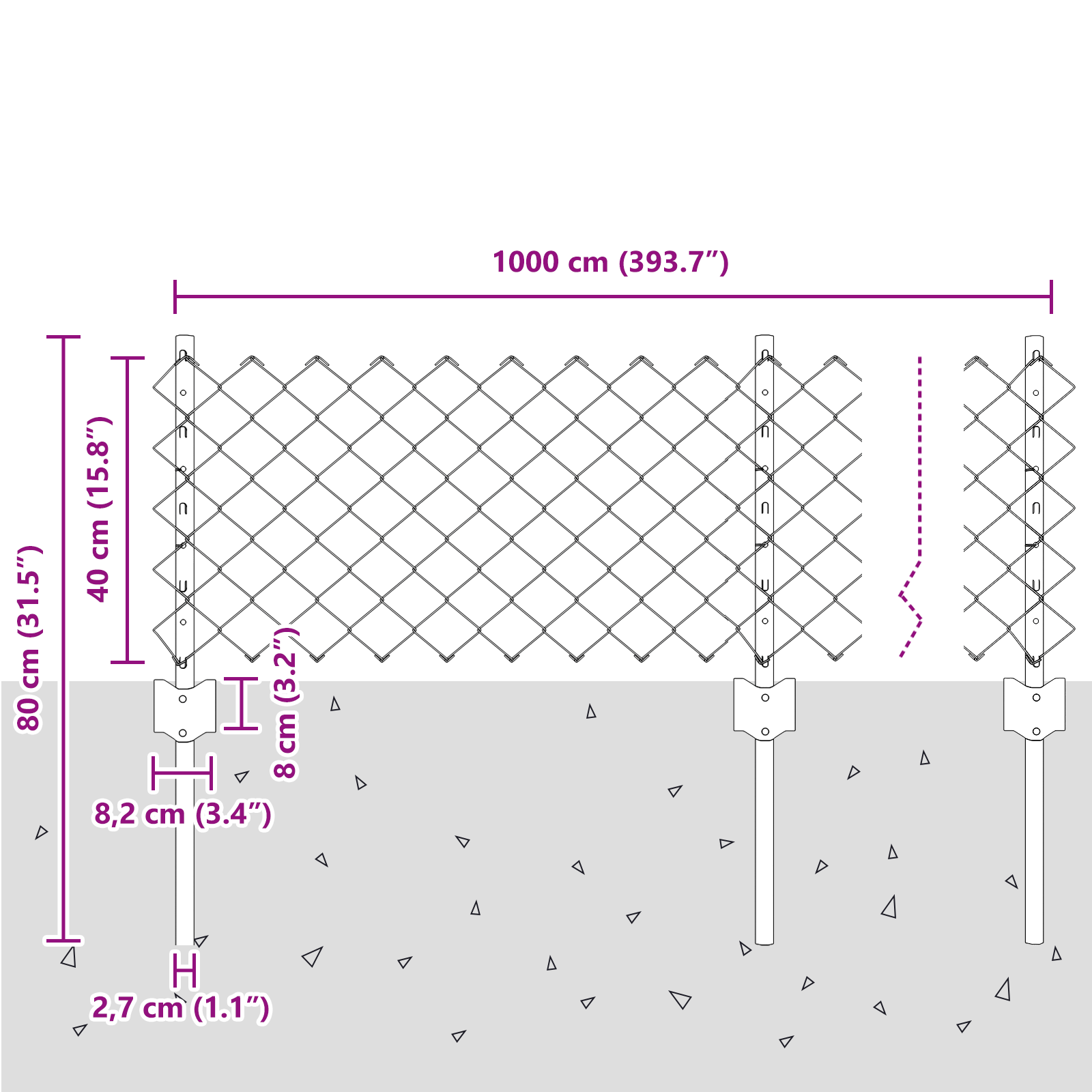 Gard din plasă de lanț cu 10 stâlpi U Gri 0.4x10 m Oțel GartenMobel Dekor