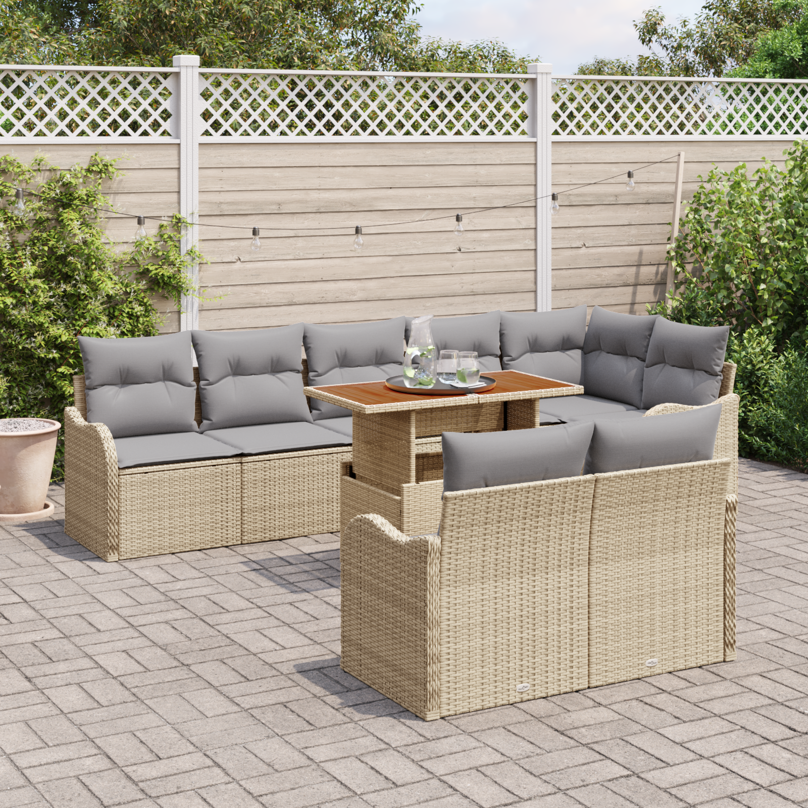 Set de Sofa pentru Grădină cu Perne Bej Poli Ratan Acacia 9 Piese GartenMobel Dekor