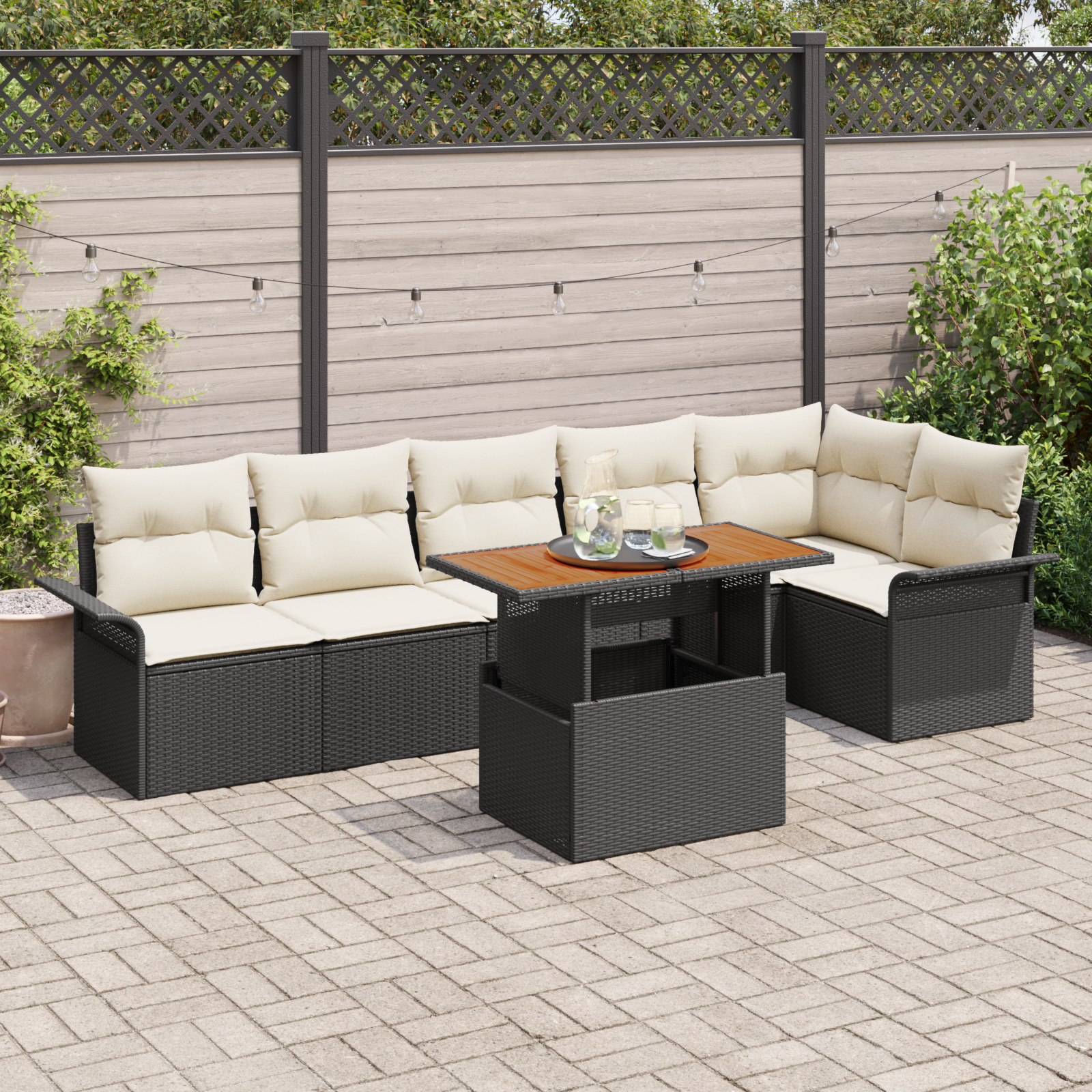 Set Sofa Grădină cu Perne 7 Piese Negru Ratan Poli, Sofa Grădină cu 2 Locuri cu Stocare & Perne Negru Ratan Poli GartenMobel Dekor