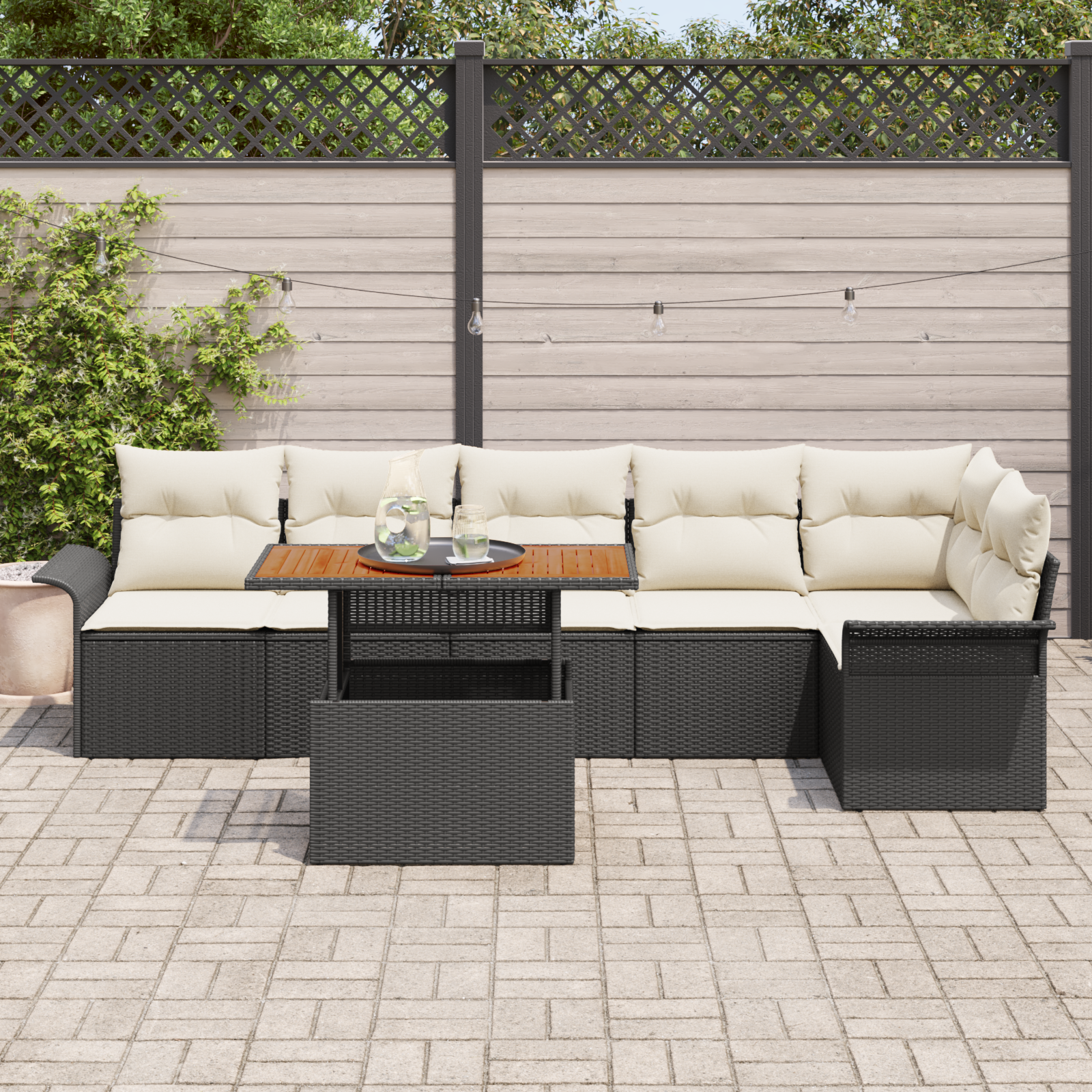 Set Sofa Grădină cu Perne 7 Piese Negru Ratan Poli, Sofa Grădină cu 2 Locuri cu Stocare & Perne Negru Ratan Poli GartenMobel Dekor