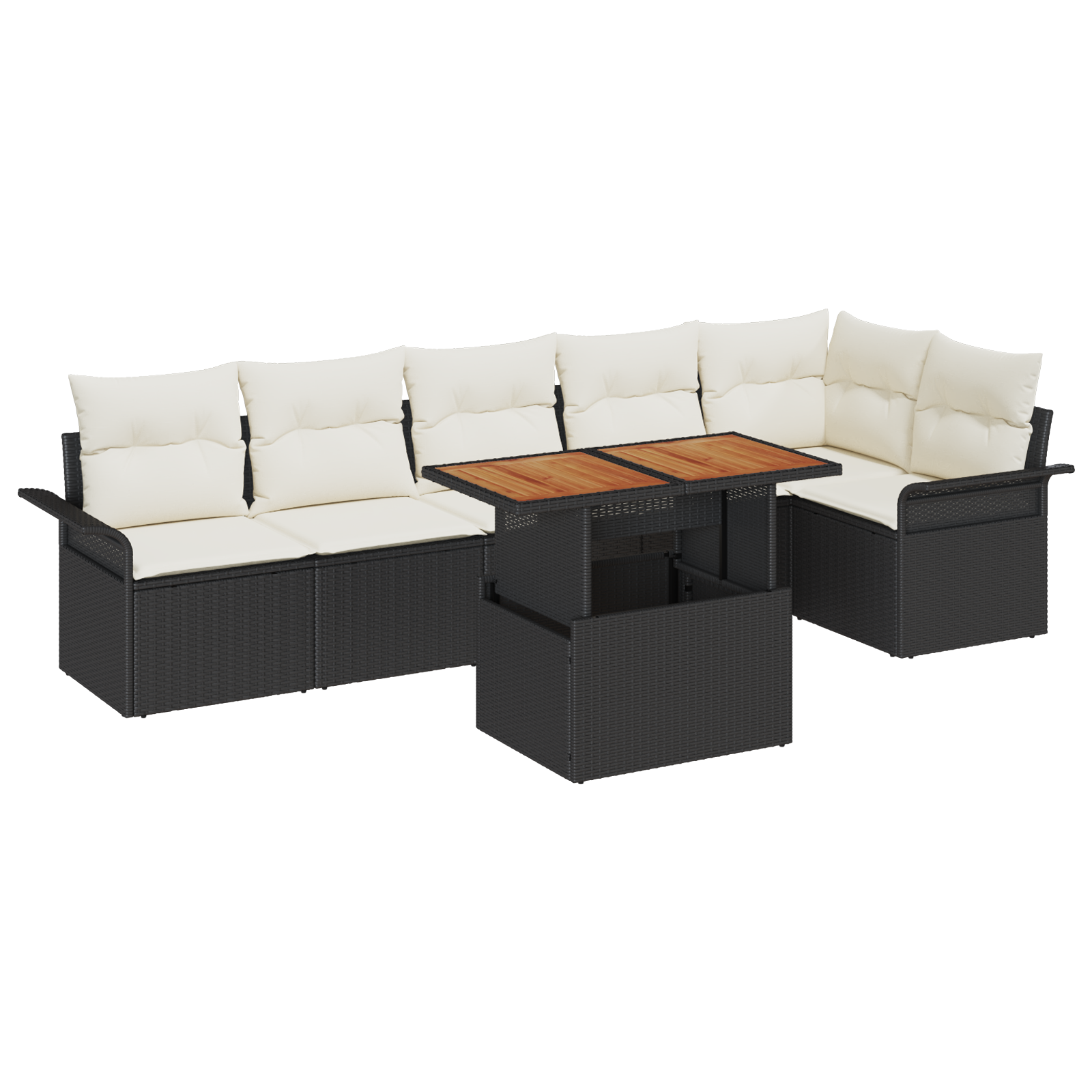 Set Sofa Grădină cu Perne 7 Piese Negru Ratan Poli, Sofa Grădină cu 2 Locuri cu Stocare & Perne Negru Ratan Poli GartenMobel Dekor