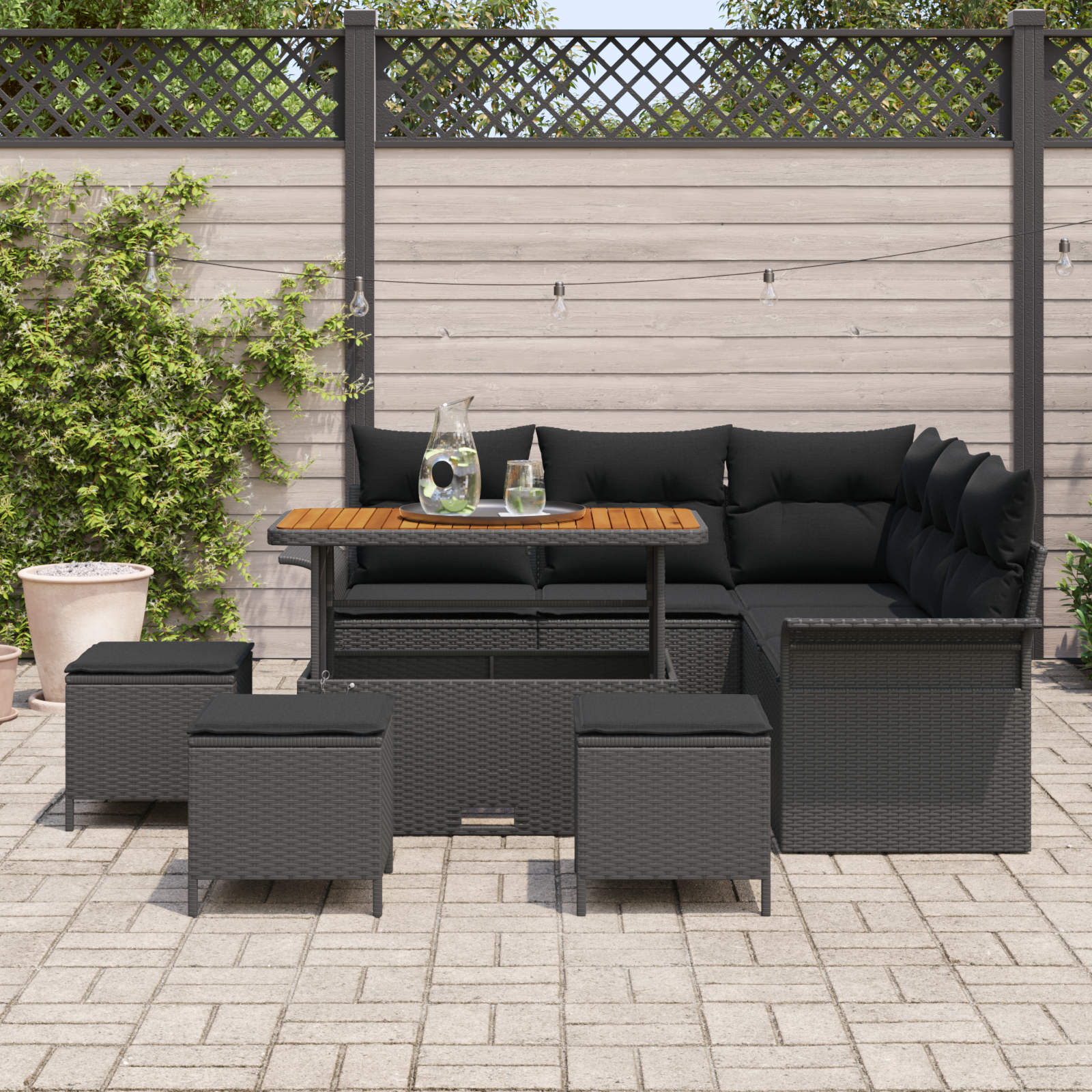 Set Canapea Grădină 9 Piese cu Perne Negru Ratan, Canapea Grădină 2 Locuri cu Perne Negru Ratan, Set Dining Grădină 4 Piese cu Perne Negru Ratan GartenMobel Dekor