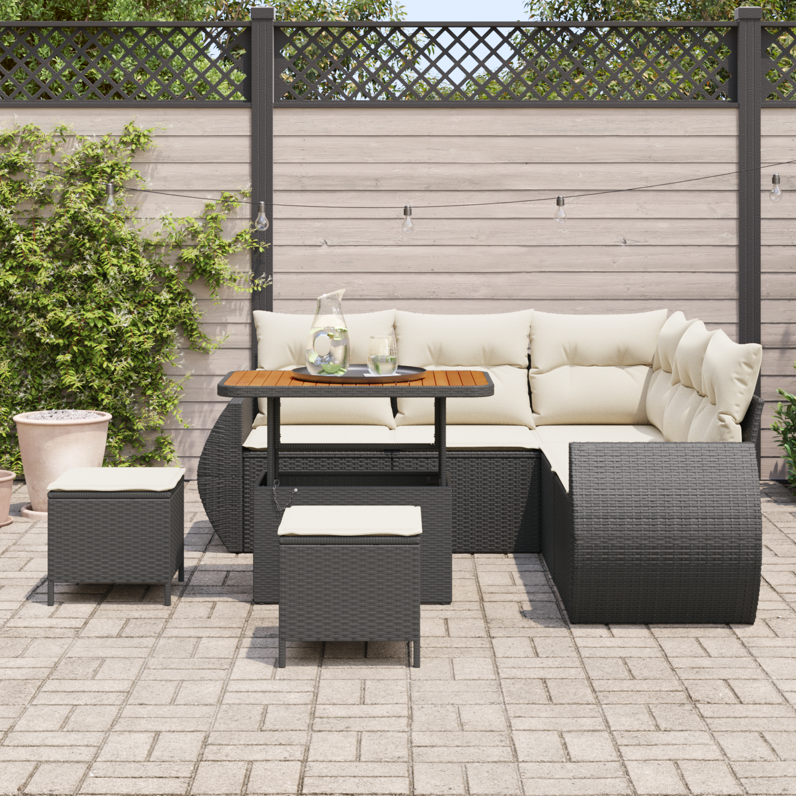Set canapea grădină 8 piese perne Negru Poliratan Acacia, Set masă grădină 3 piese perne Negru Poliratan Acacia GartenMobel Dekor