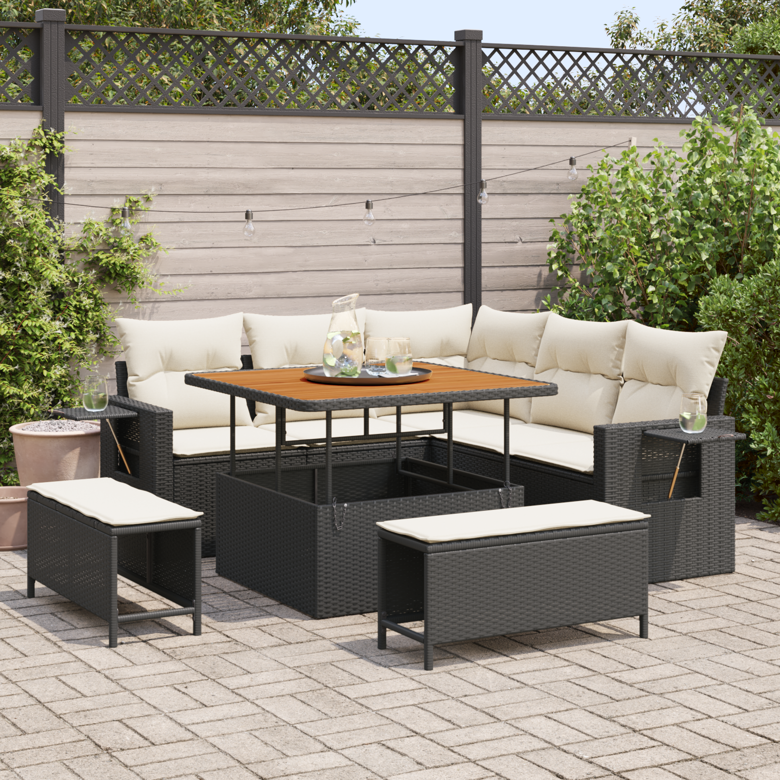 Set canapea grădină 8 piese cu perne Negre Ratan Polimer Acacia, Set dining grădină 3 piese cu perne Negre Ratan Polimer Acacia GartenMobel Dekor